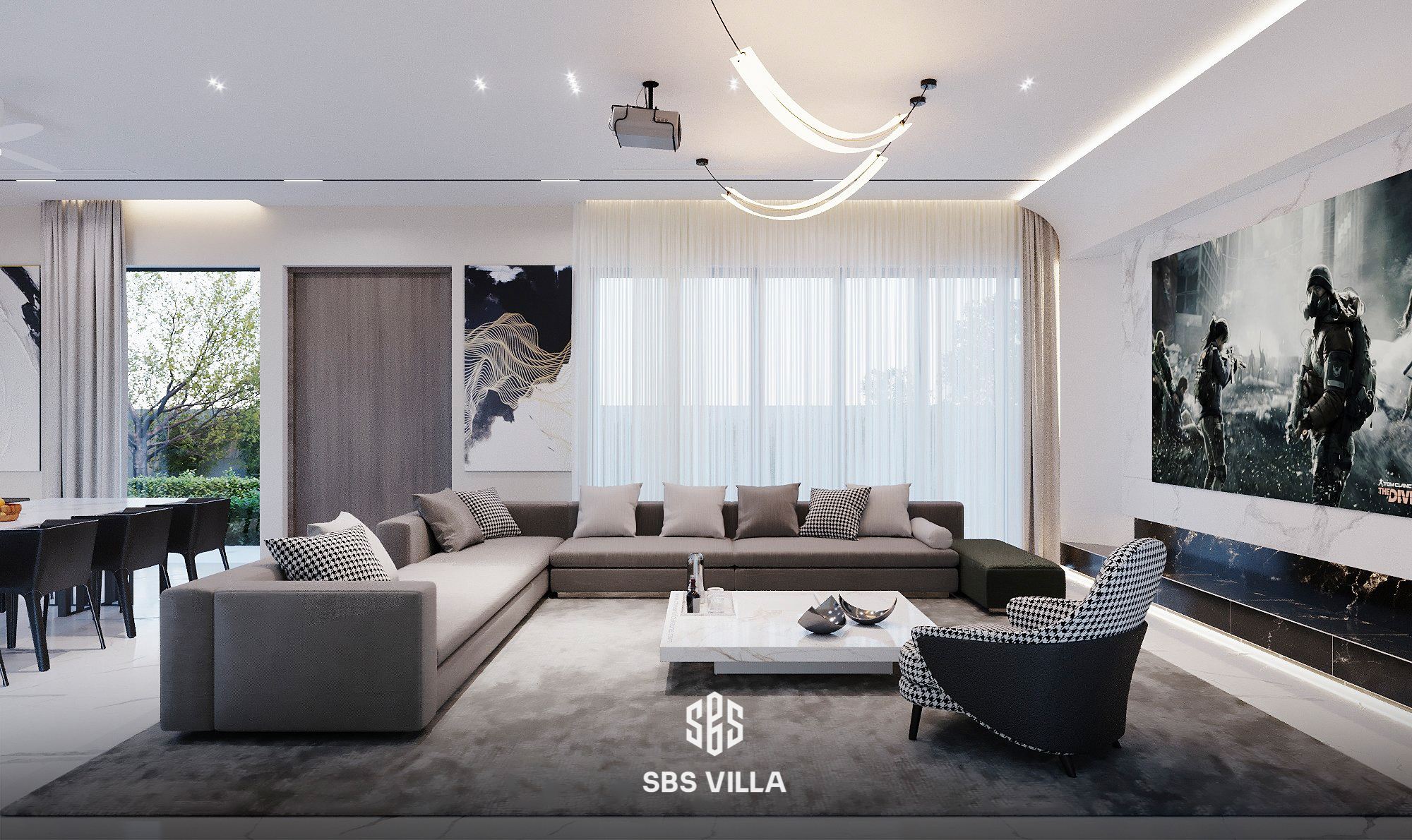 Thiết kế phòng khách mang phong cách hiện đại, sự giao thoa hoàn hảo của các đường nét phóng khoáng, tự do kết hợp cùng hệ thống nội thất, đồ dùng trang trí mang sắc màu giản đơn nhưng đầy tính nghệ thuật, độc đáo và phá cách được phô diễn qua chất liệu, kiểu dáng và từng nét vẽ