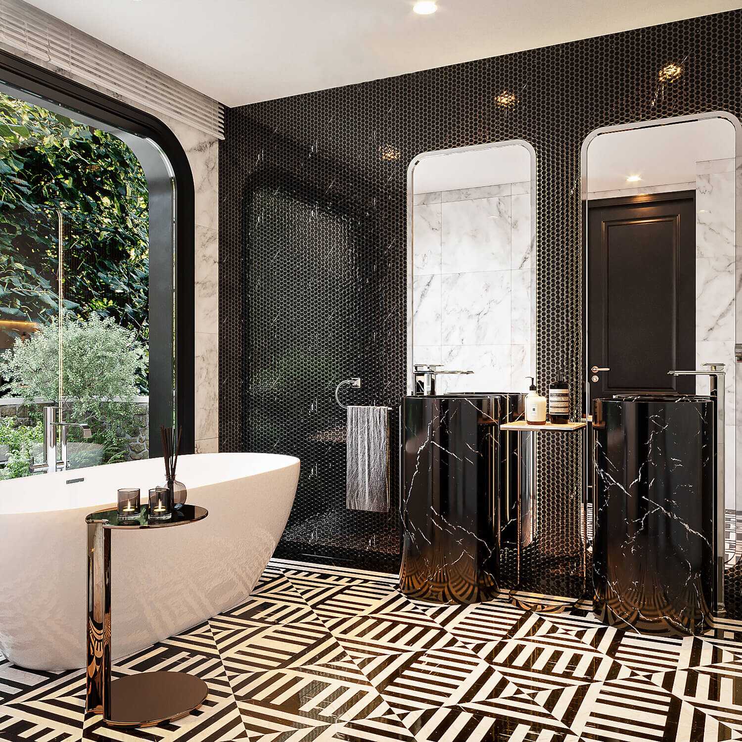 Phòng tắm Luxury sử dụng chất liệu gạch mosaic 2 màu đen trắng mang đến nét đẹp mới mẻ cho không gian