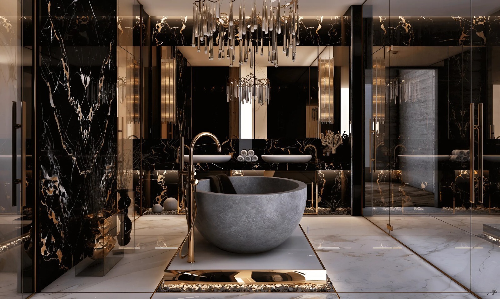 phòng tắm biệt thự luxury sử dụng đá cẩm thạch với các đường vân sang trọng làm chất liệu chủ đạo