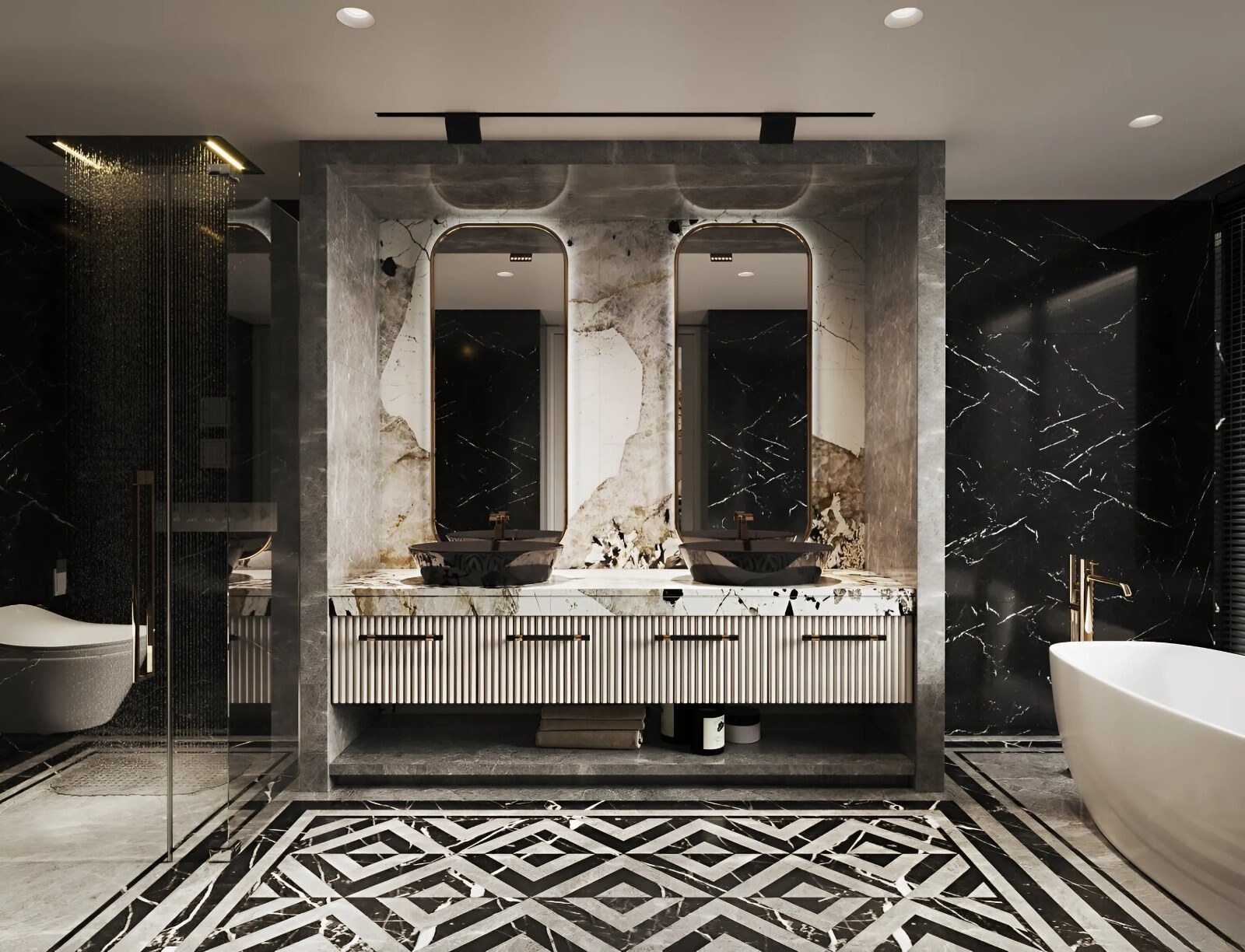 phòng tắm phong cách luxury sử dụng đá Pataginia cao cấp với những mảng thạch anh xuyên sáng tạo điểm nhấn