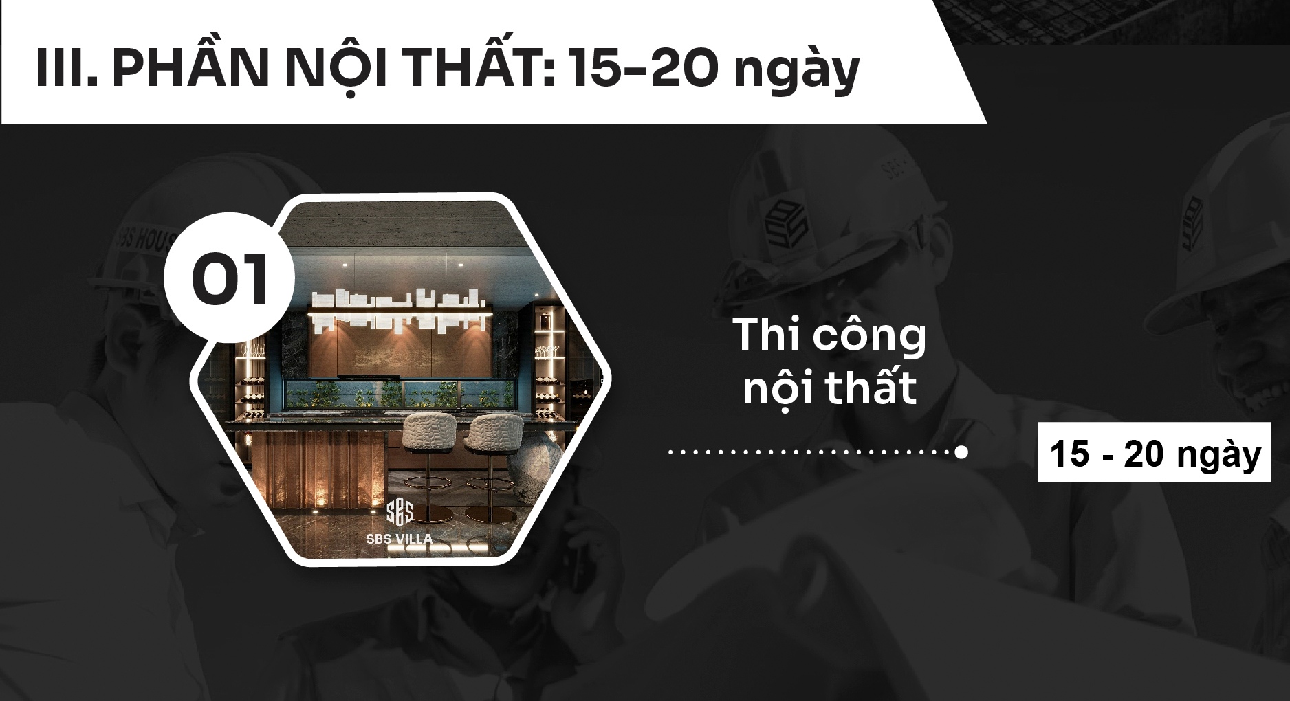 Tiến độ thi công nội thất biệt thự Long An của SBS VILLA dao động từ 15-20 ngày 