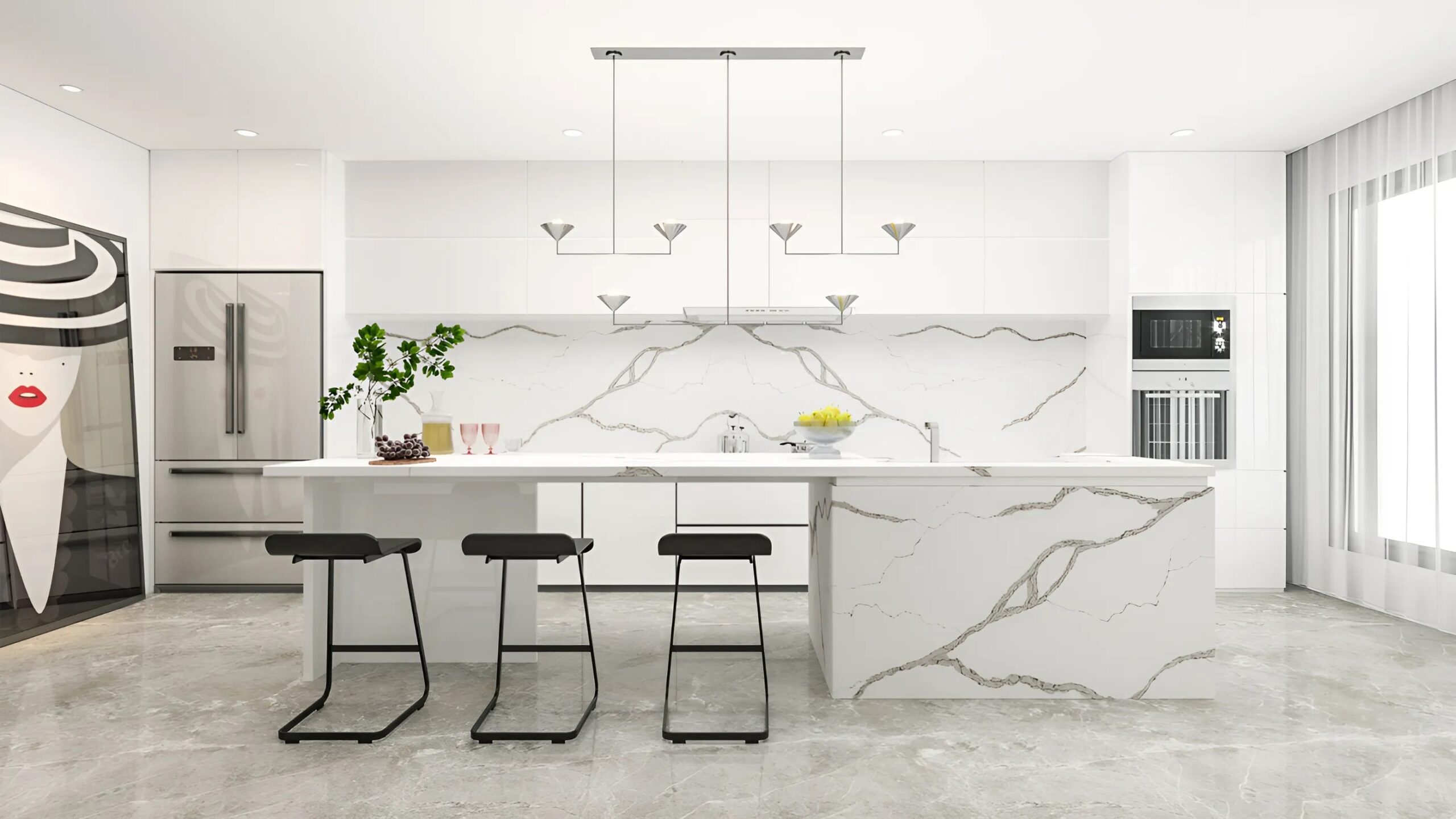 Ốp đá marble trong không gian bếp giúp tổng thể trở nên sáng hơn nhờ khả năng phản chiếu ánh sáng tốt