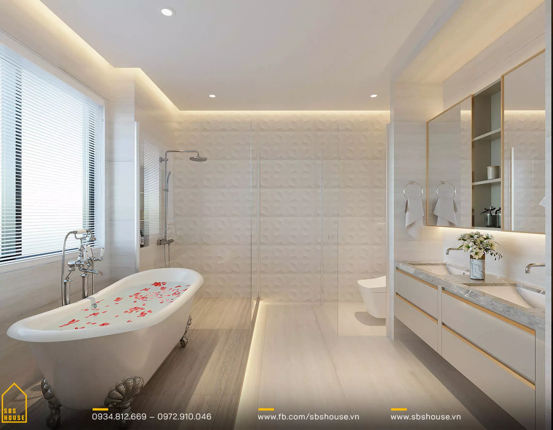 Phòng tắm tân cổ điển thường ưu tiên sử dụng các loại gạch có khả năng chống nước và tính thẩm mỹ