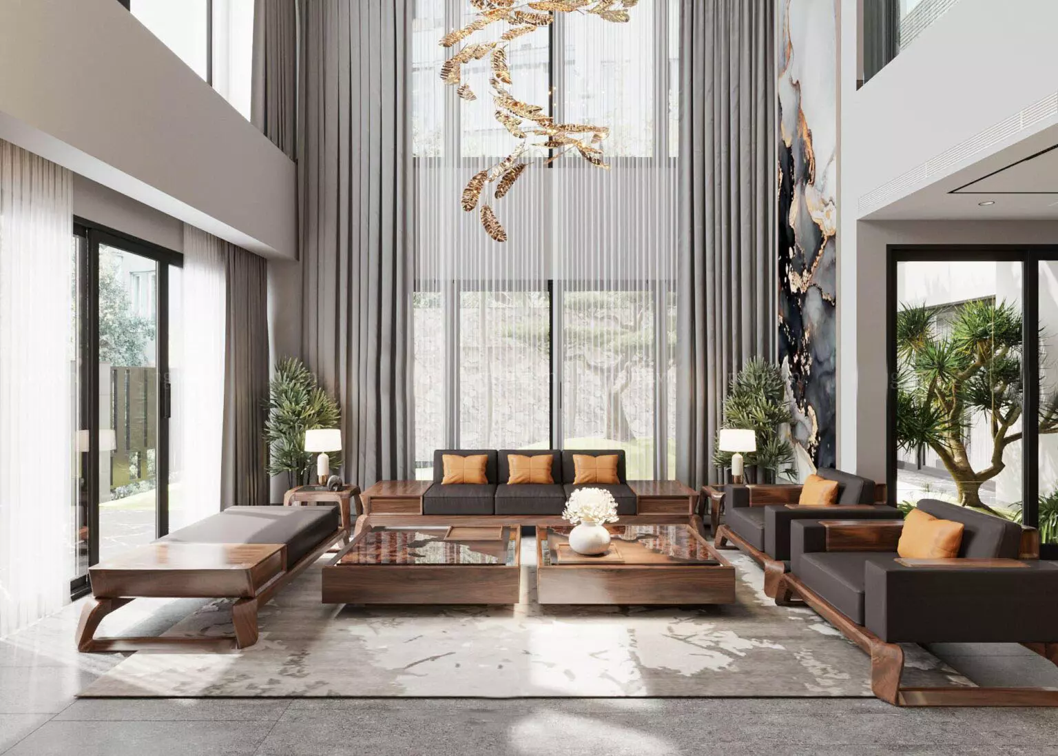 Thiết kế phòng khách rộng 50m2 thông tầng tối giản, tinh tế