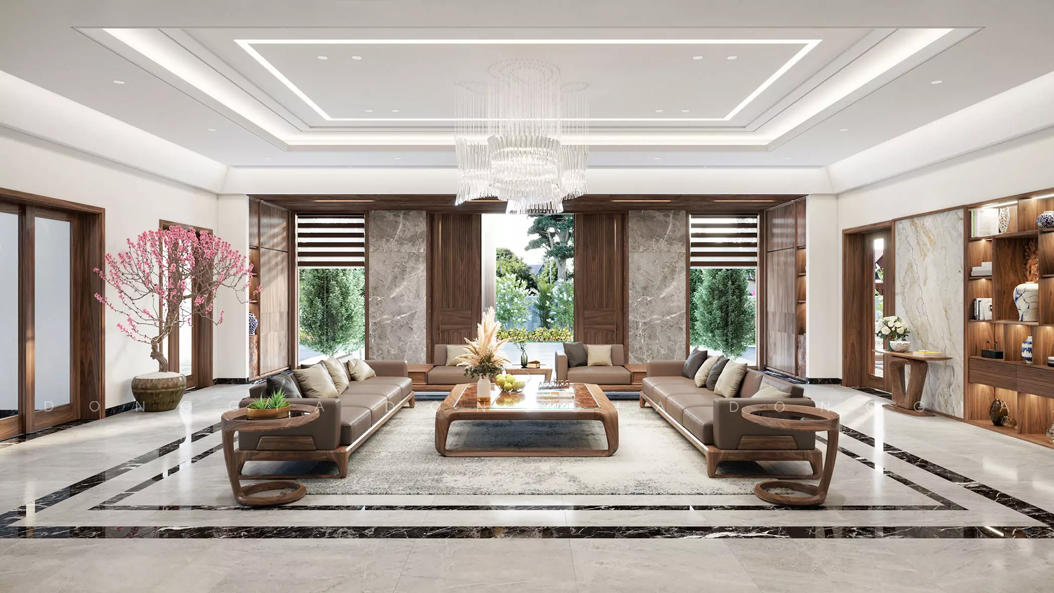 Phòng khách đẹp 50m2 với nội thất gỗ óc chó