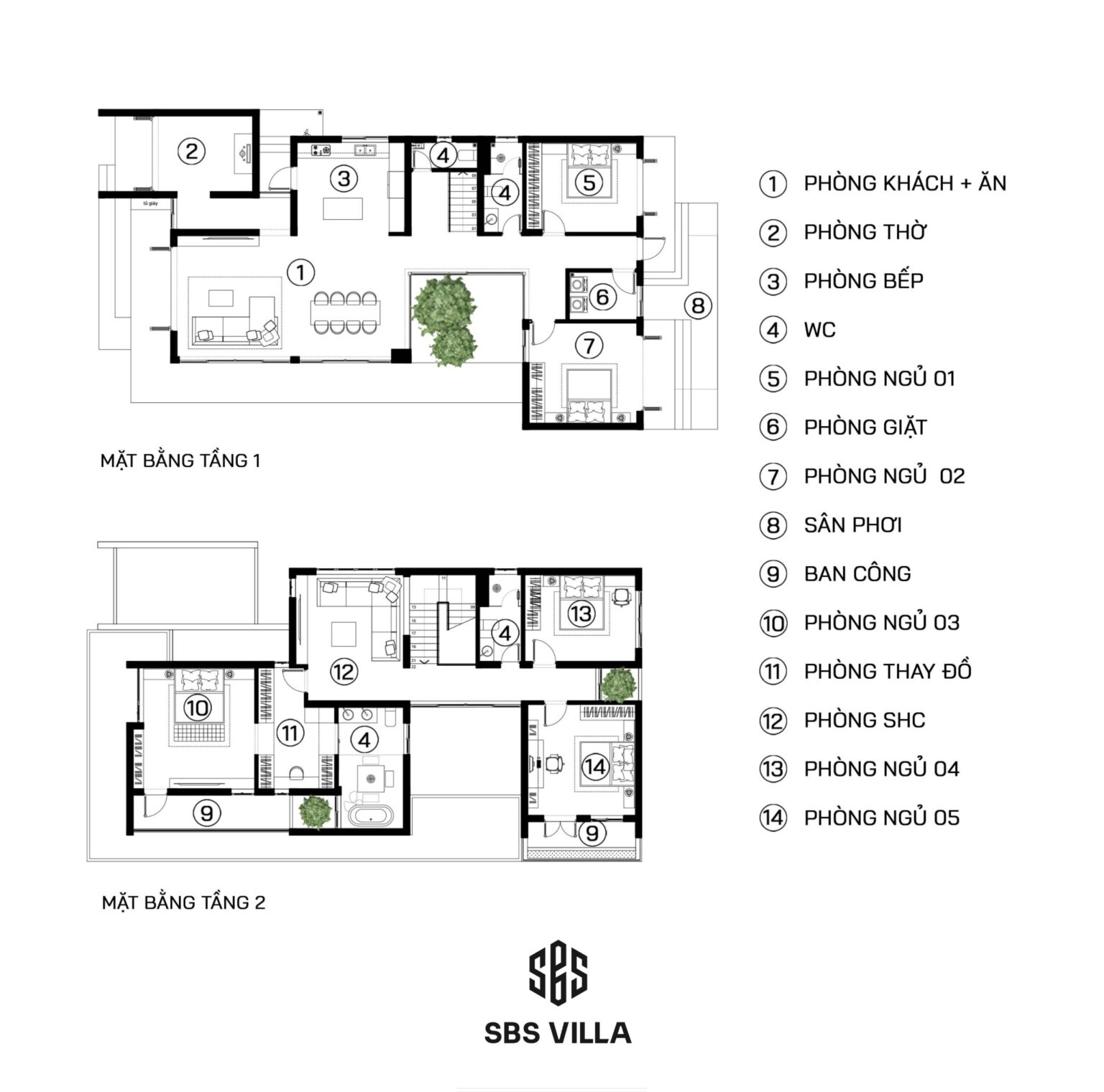 Công năng tầng 1 của T’s Villa gồm 02 phòng ngủ, phòng khách + ăn, phòng thờ, phòng bếp. Tầng 2 gồm 03 phòng ngủ, phòng thay đồ và SHC.