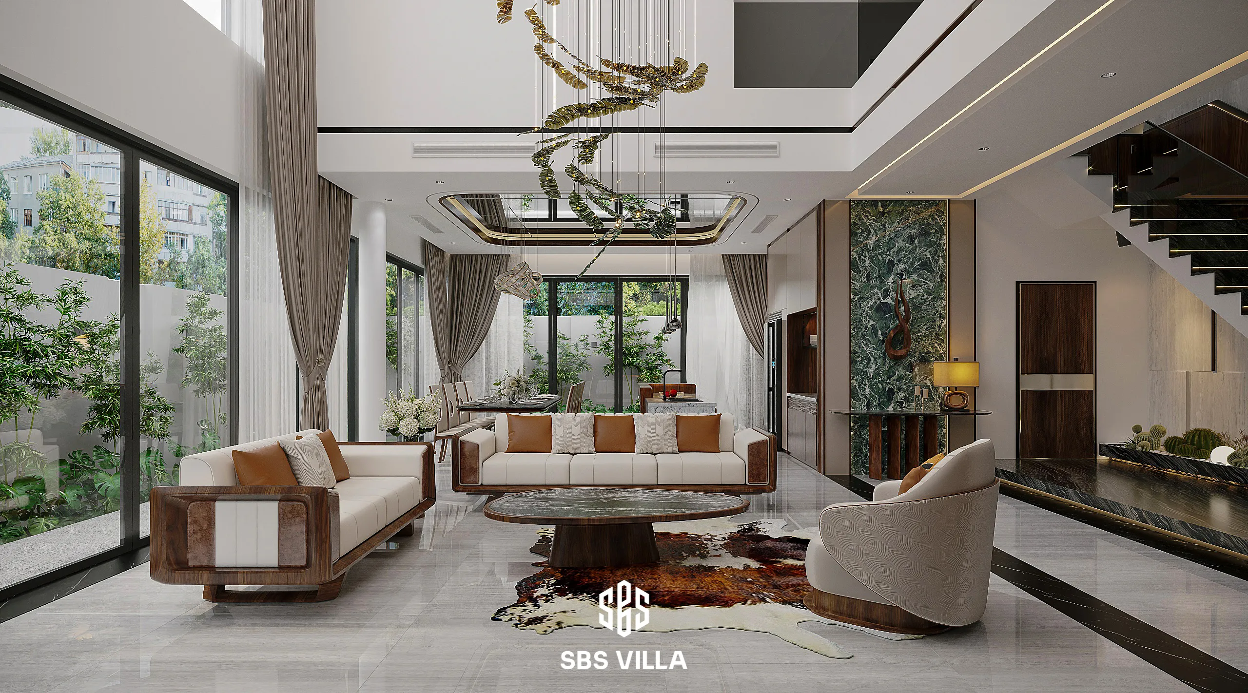 Mẫu thiết kế phòng khách 50m2 với tone màu trắng tinh khiết 