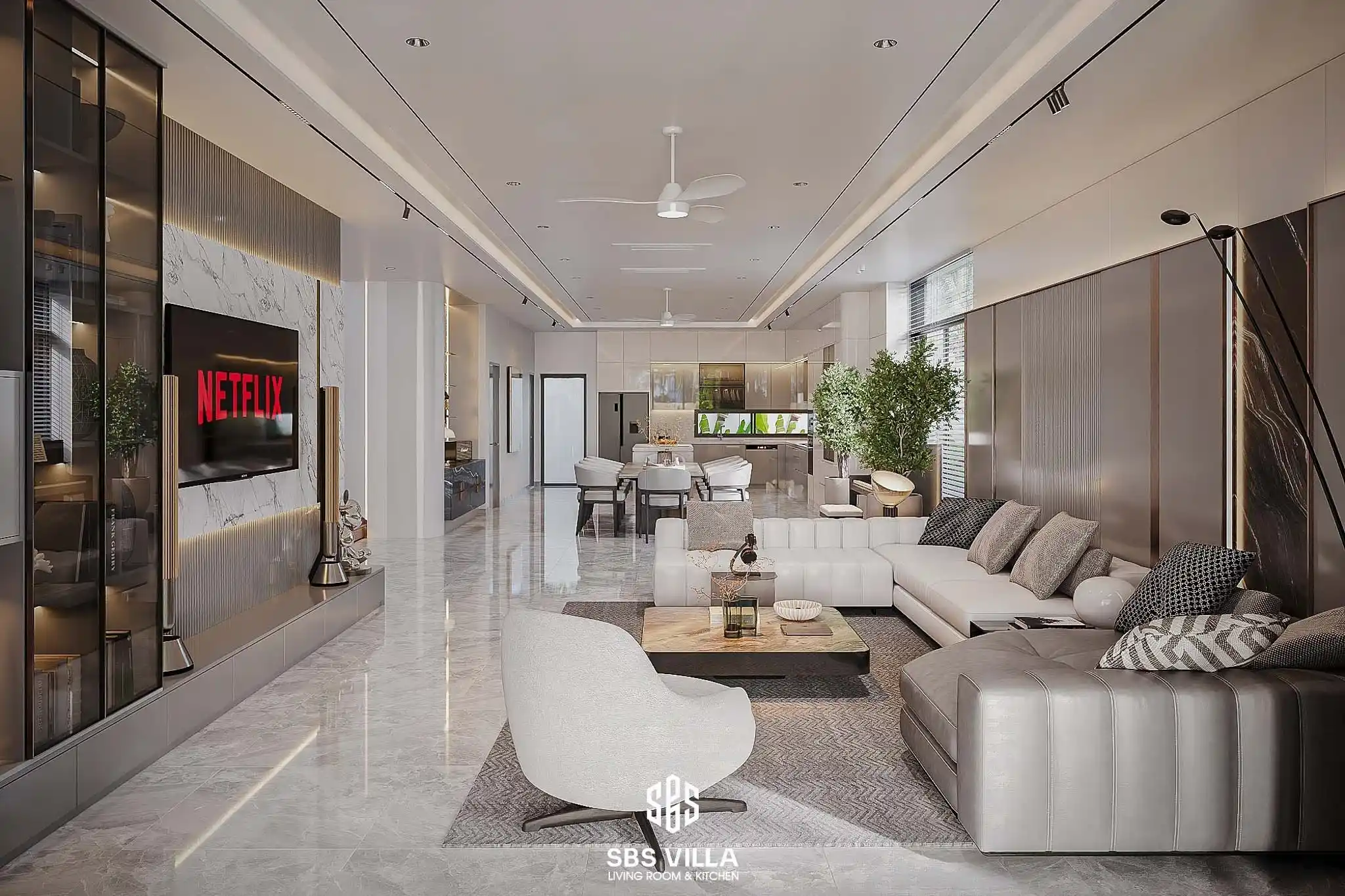 Không gian tầng trệt của biệt thự 1 trệt 2 lầu phong cách hiện đại được thiết kế tinh giản, tập trung tối đa công năng