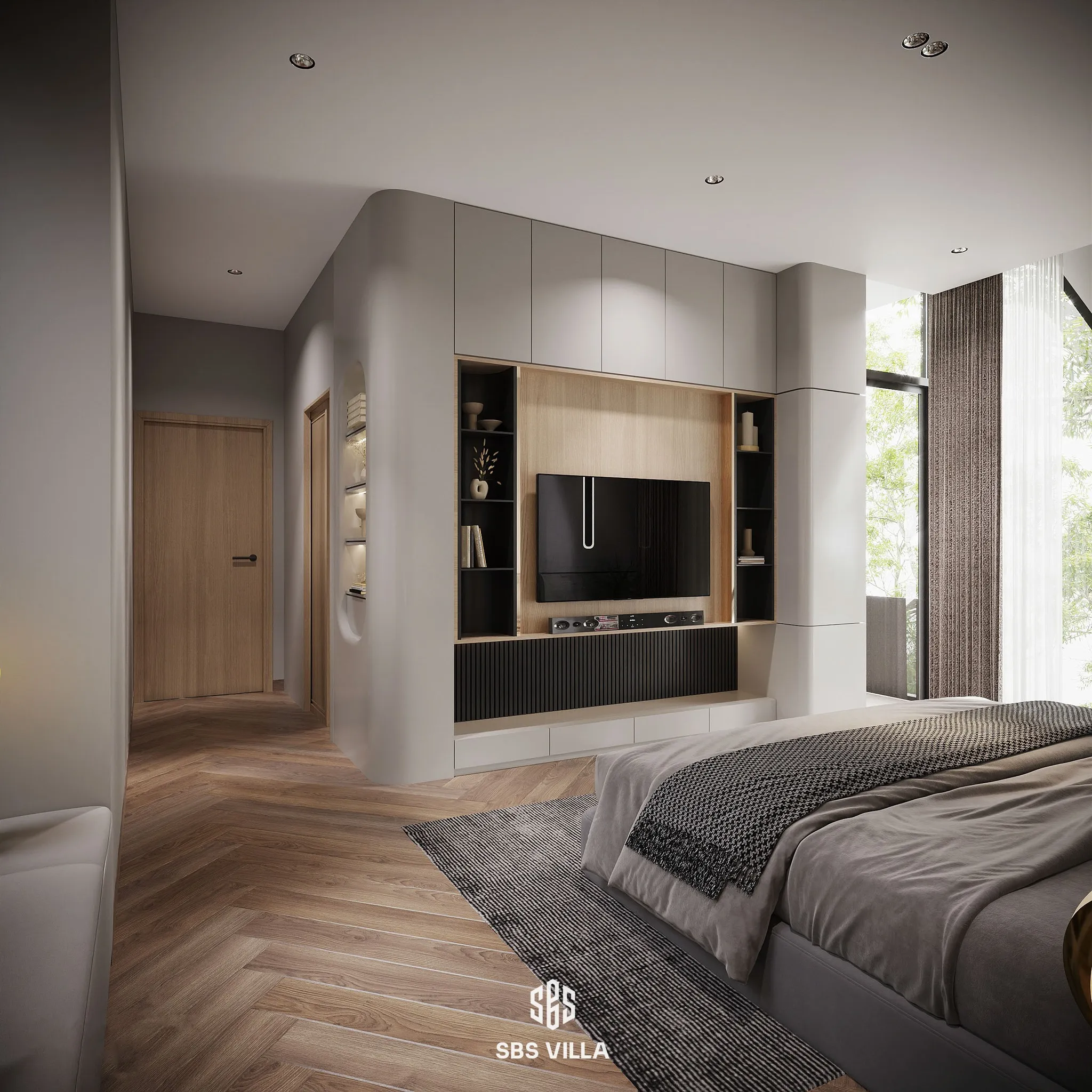 Phòng ngủ biệt thự 3 tầng hiện đại với chất liệu chủ đạo từ gỗ tự nhiên