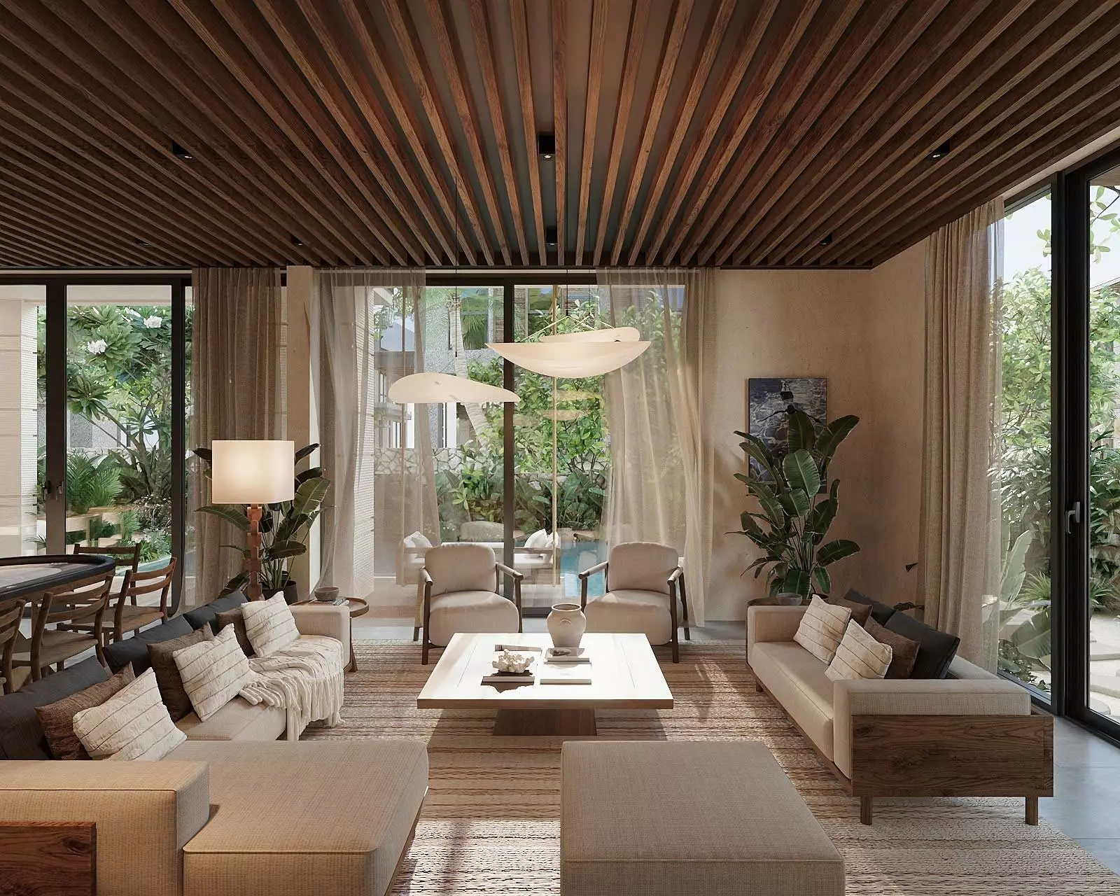 Mẫu thiết kế phòng khách 40m2 phong cách Tropical