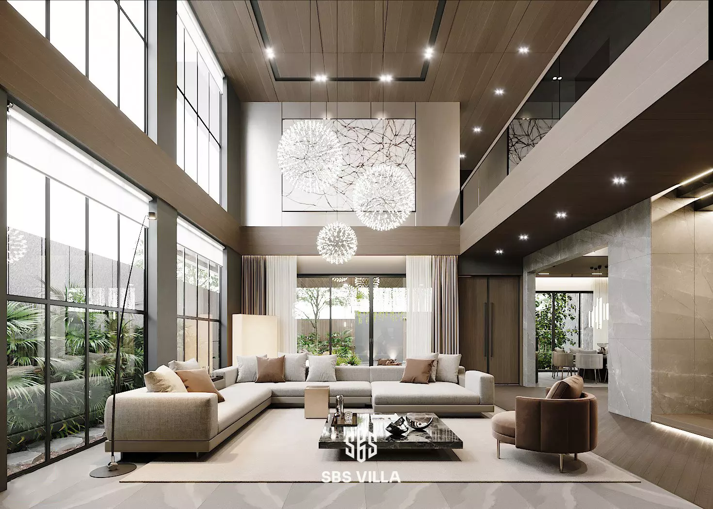 Mẫu thiết kế phòng khách 40m2 thông tầng ấn tượng trong tông màu nâu nhạt