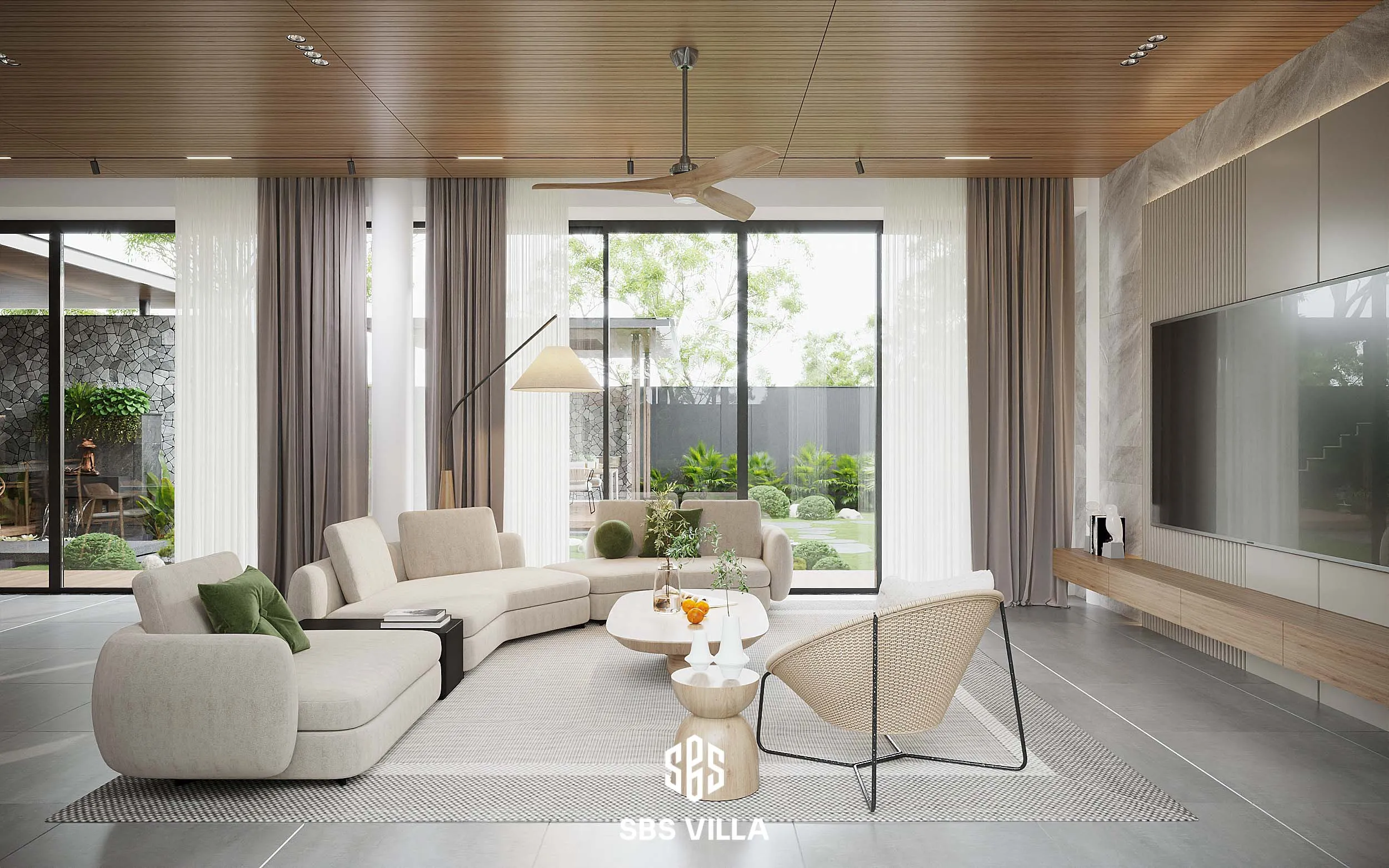 Thiết kế phòng khách 40m2 hiện đại với tông màu trắng kem, tạo cảm giác thoáng đãng