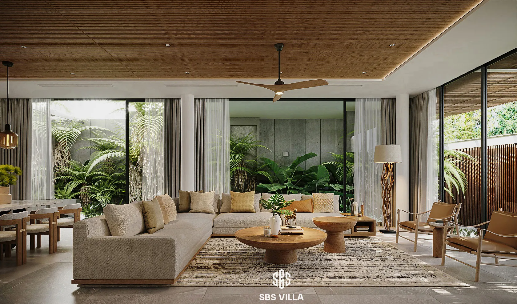 Thiết kế phòng khách 40m2 Tropical sử dụng chất liệu tự nhiên đồng thời mang thiên nhiên gần với không gian