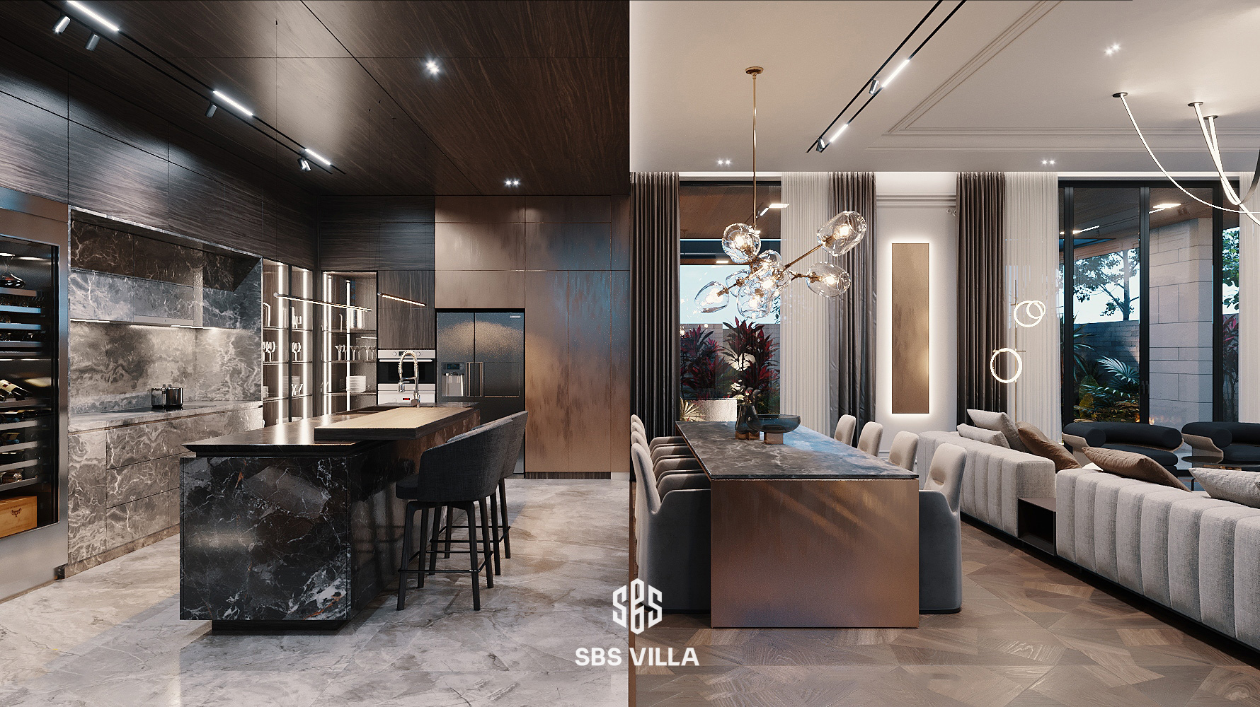 Không gian sống biệt thự SBS VILLA được tối ưu công năng với thiết kế liên thông giữa bếp, bàn ăn và phòng khách sang trọng.