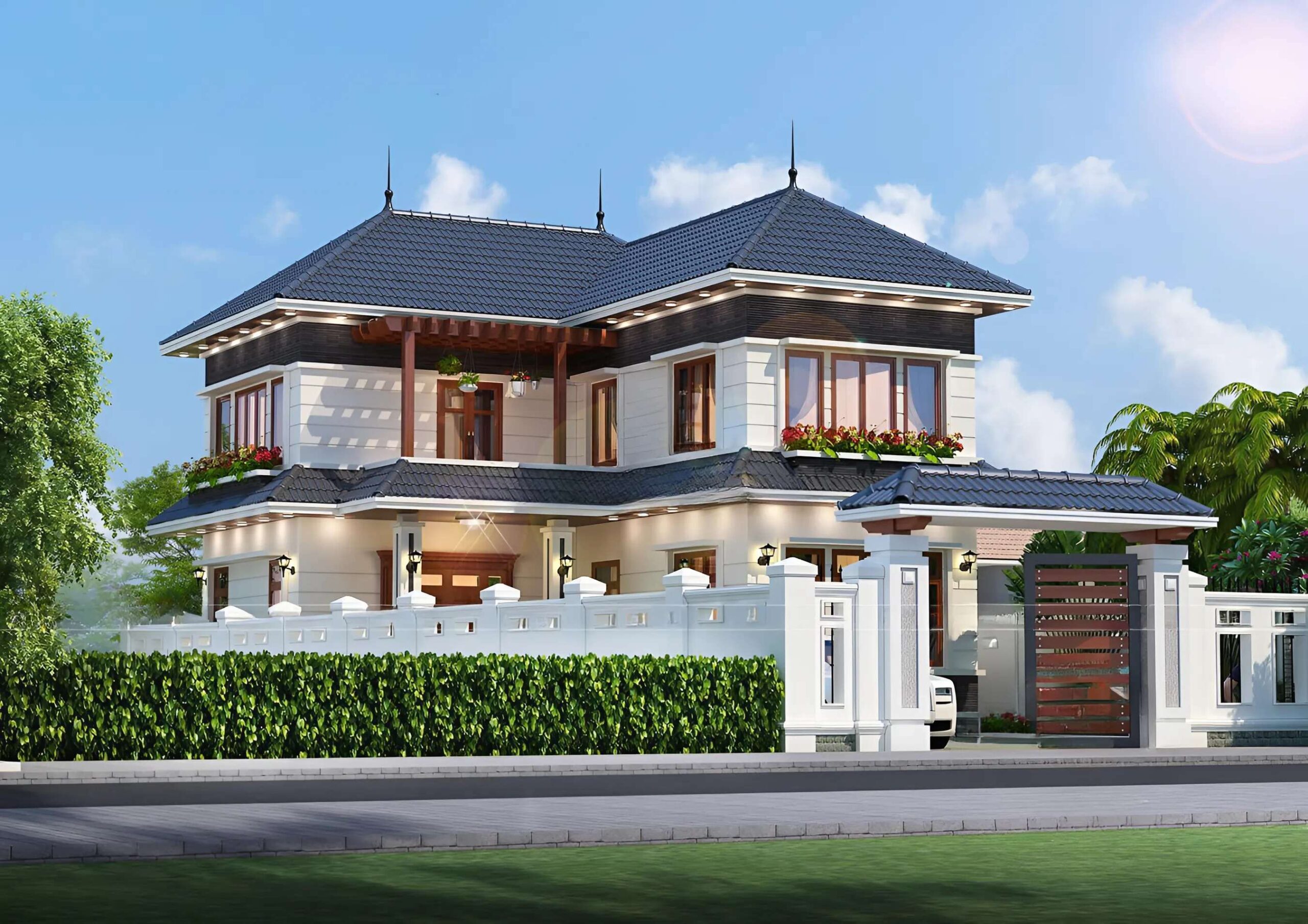 Thiết kế biệt thự mái Thái công năng 2 tầng hình chữ L 