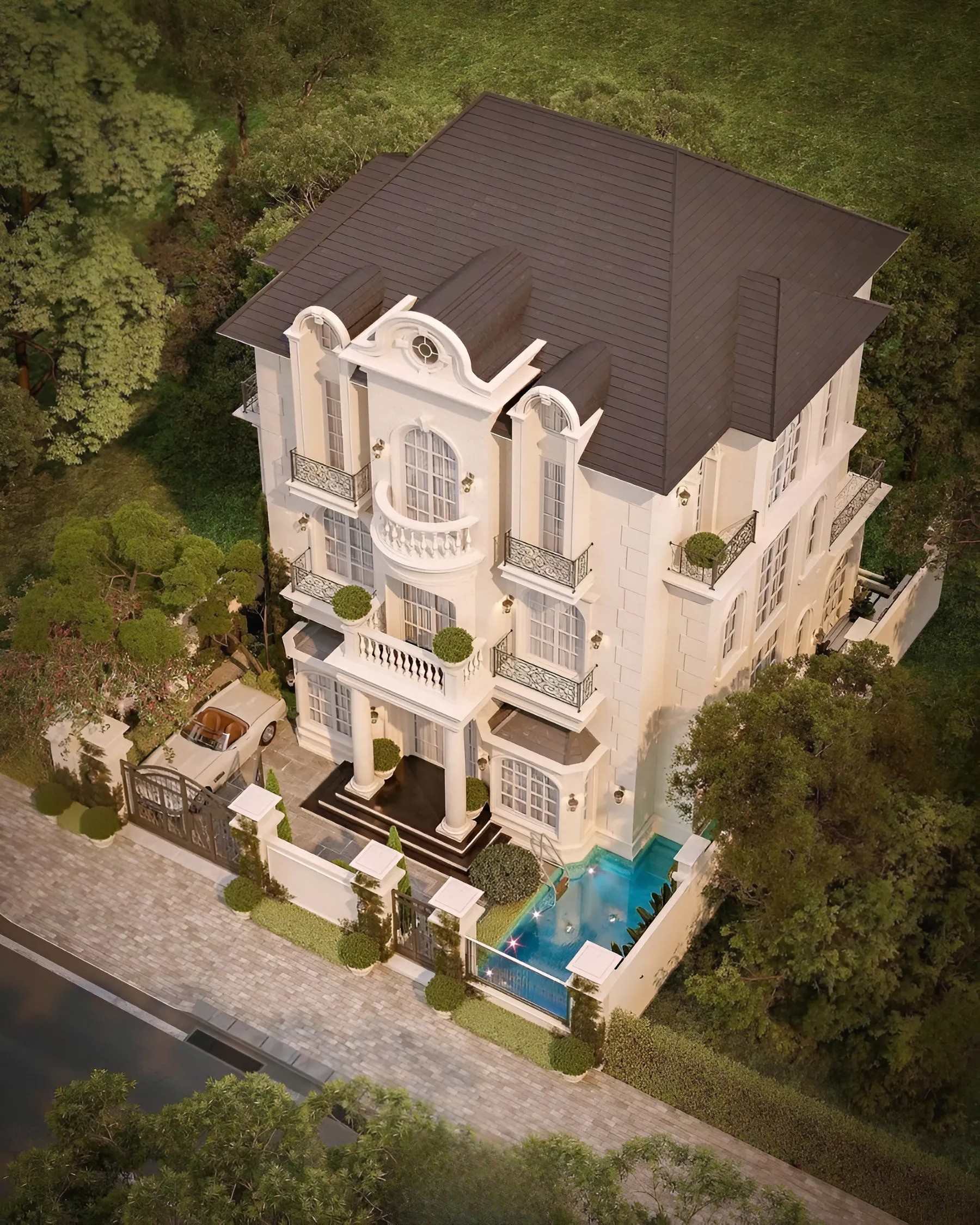 Mẫu biệt thự 3 tầng Tân cổ điển đẹp tích hợp hệ thống hồ bơi mở ra không gian sống đậm chất nghỉ dưỡng