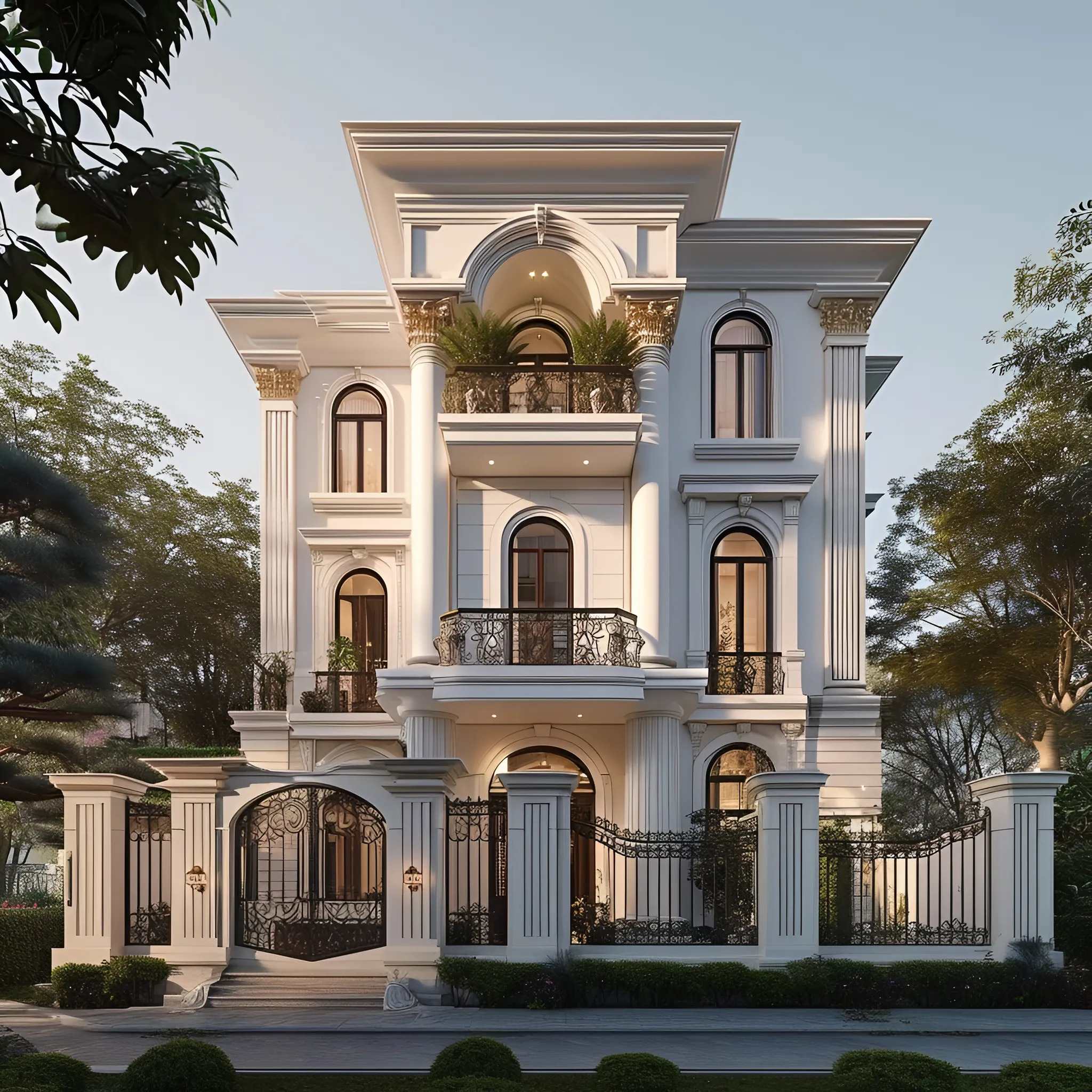 Mẫu thiết kế biệt thự 3 tầng Tân cổ điển mái bằng nổi bật với các thức cột bề thế 