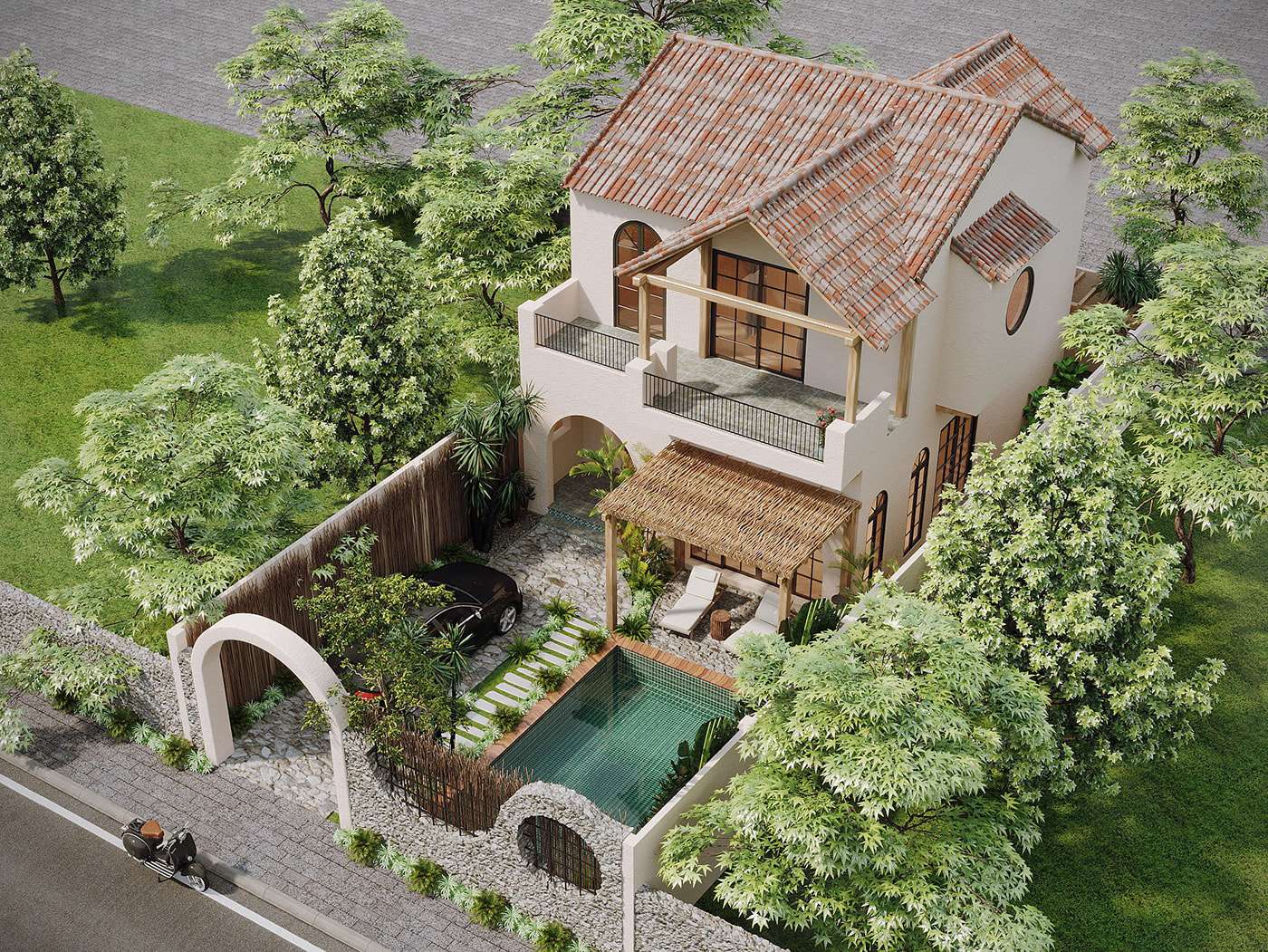 Ngoại thất của mẫu biệt thự mini 2 tầng 80m2 phong cách Địa Trung Hải