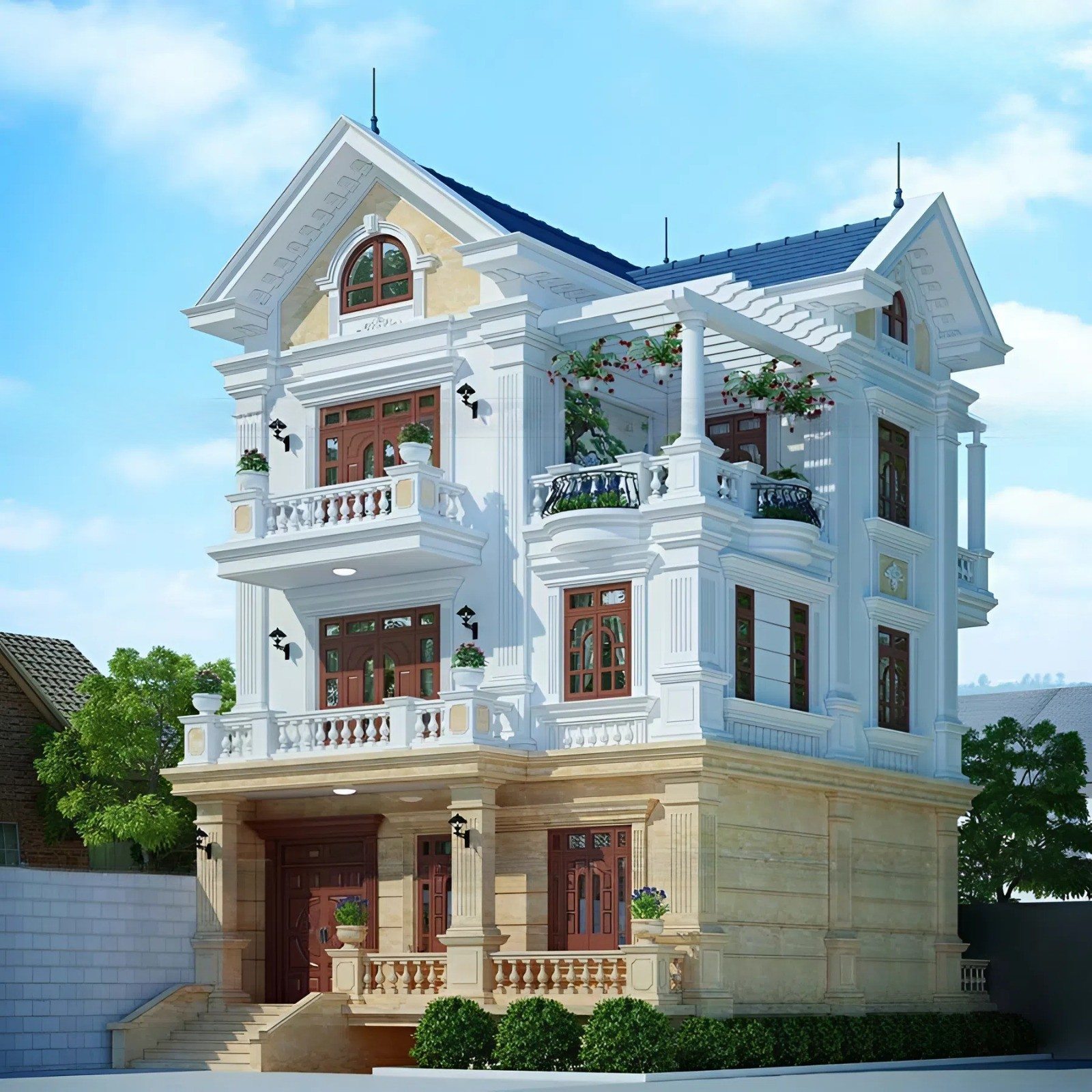 Biệt thự Tân cổ điển 3 tầng mái Thái kiểu Châu Âu Hiện Đại đẹp