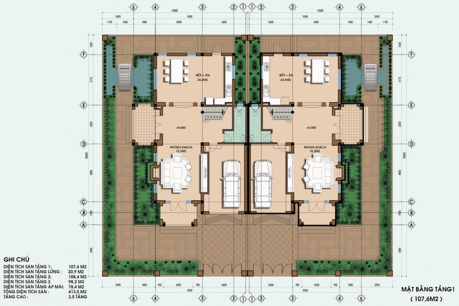 Mặt bằng biệt thự song lập phong cách Indochine tạo sự thông thoáng cần thiết nhưng vẫn giữ được sự riêng tư và tĩnh tại cho không gian