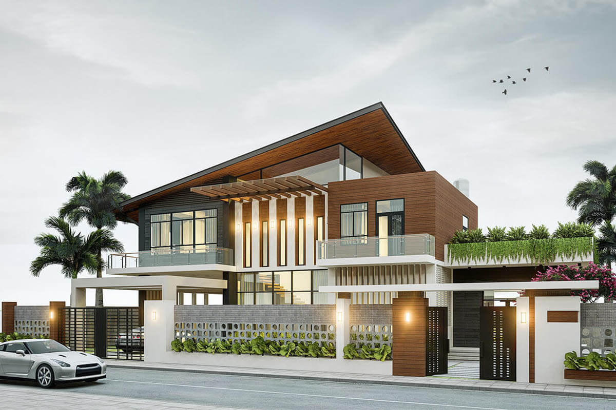 Biệt thự 2 tầng mặt tiền 9m Mái Lệch (Nguồn ảnh: Sưu tầm).
