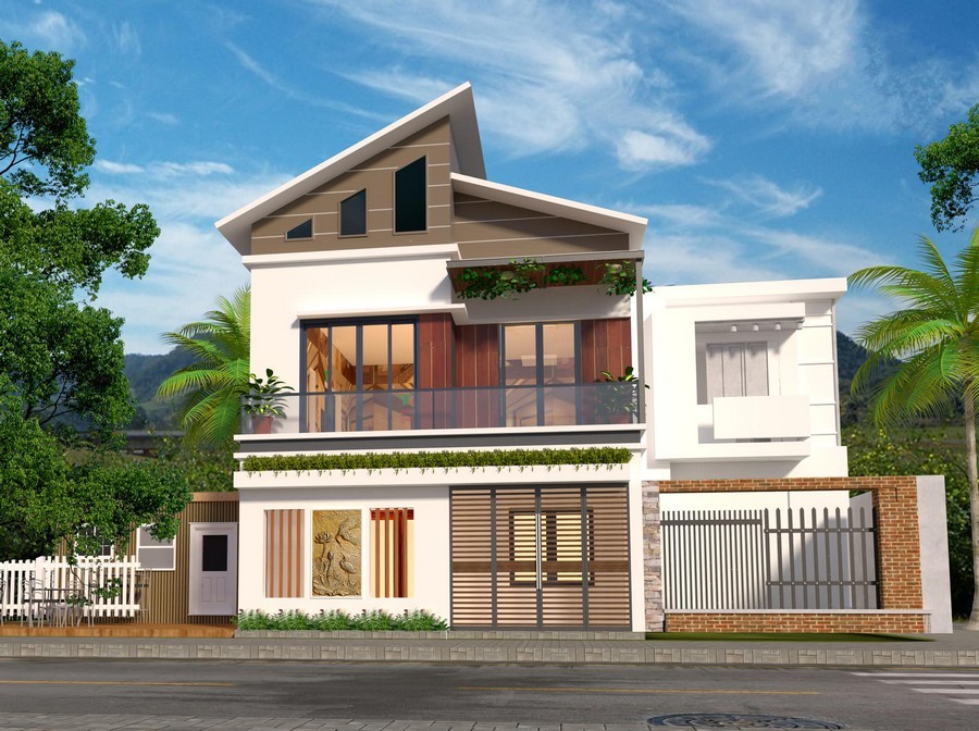 Biệt thự 2 tầng mái lệch ấn tượng với phần ngoại thất phi đối xứng tạo điểm nhấn. Các hình khối, góc vuông thể hiện rõ nét sự đặc trưng của phong cách hiện đại ( Nguồn ảnh: Sưu tầm).