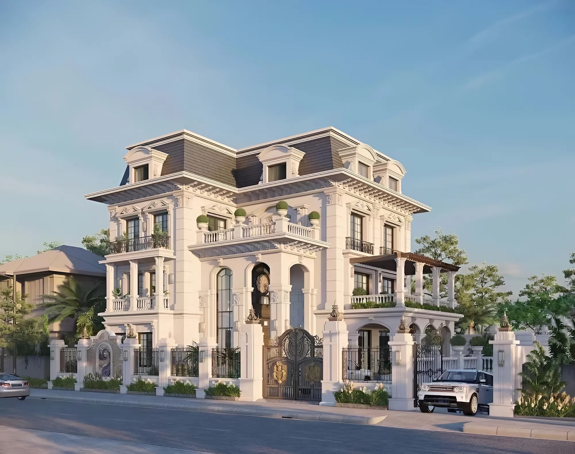 Thiết kế biệt thự Tân cổ điển, công năng 3 tầng hình chữ L 