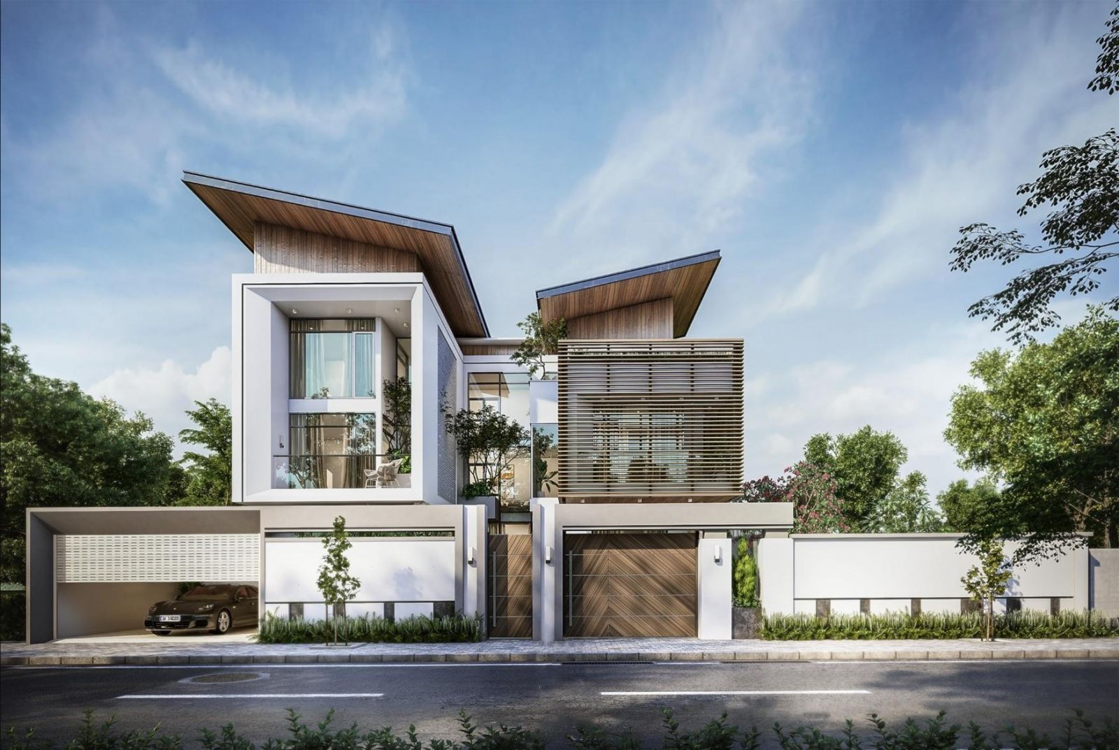 Biệt thự 2 tầng mái ngói với kiến trúc mái lệch mang đến cho cho tổng thể một vẻ ngoài cá tính và hiện đại (Nguồn ảnh: Sưu tầm).