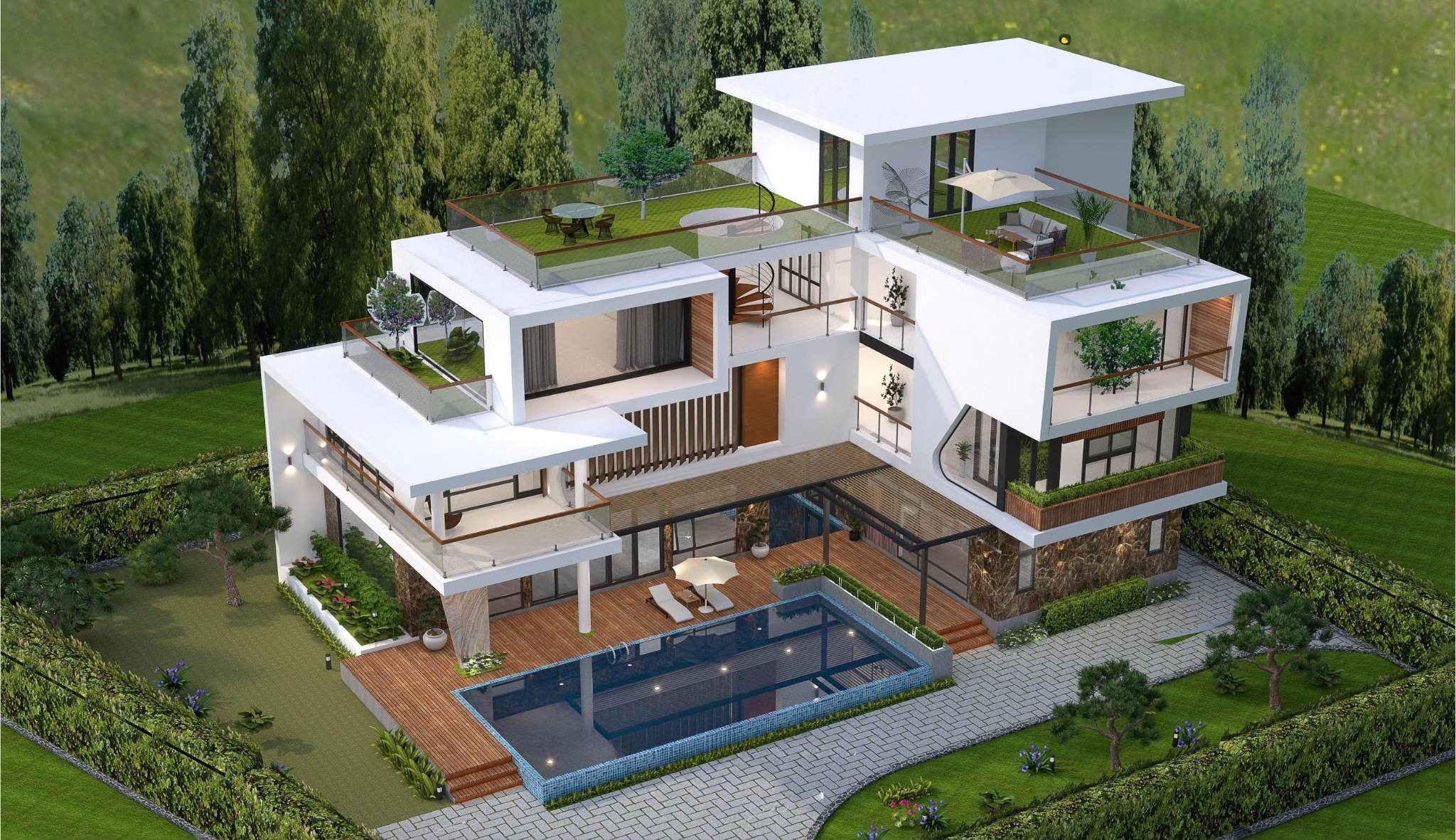 Mẫu biệt thự đẹp 3 tầng 1 tum tích hợp hệ thống sân vườn (Nguồn ảnh: Sưu tầm). 