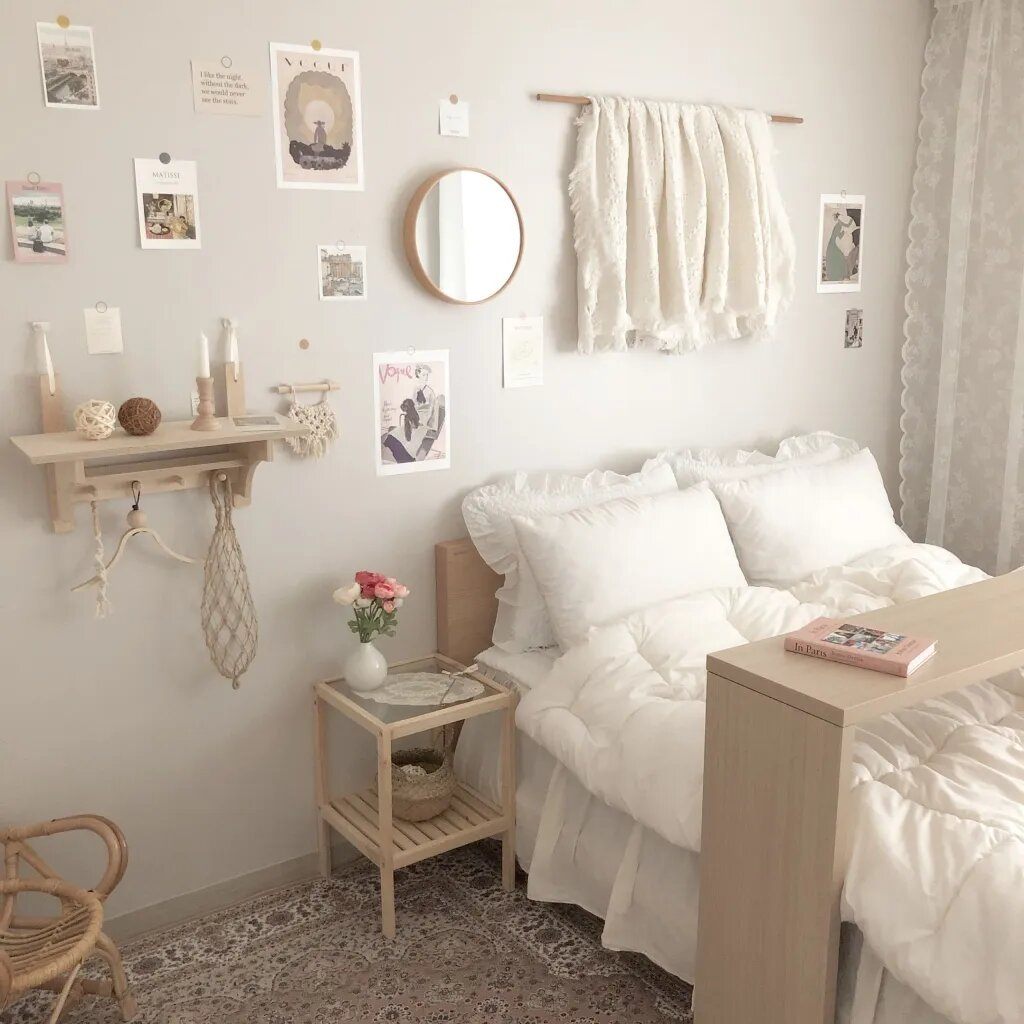 Mẫu phòng ngủ Hàn Quốc với tủ đầu giường và bàn decor cùng tone, thiết kế tinh giản giúp không gian đẹp mắt hơn (Nguồn ảnh: Sưu tầm).