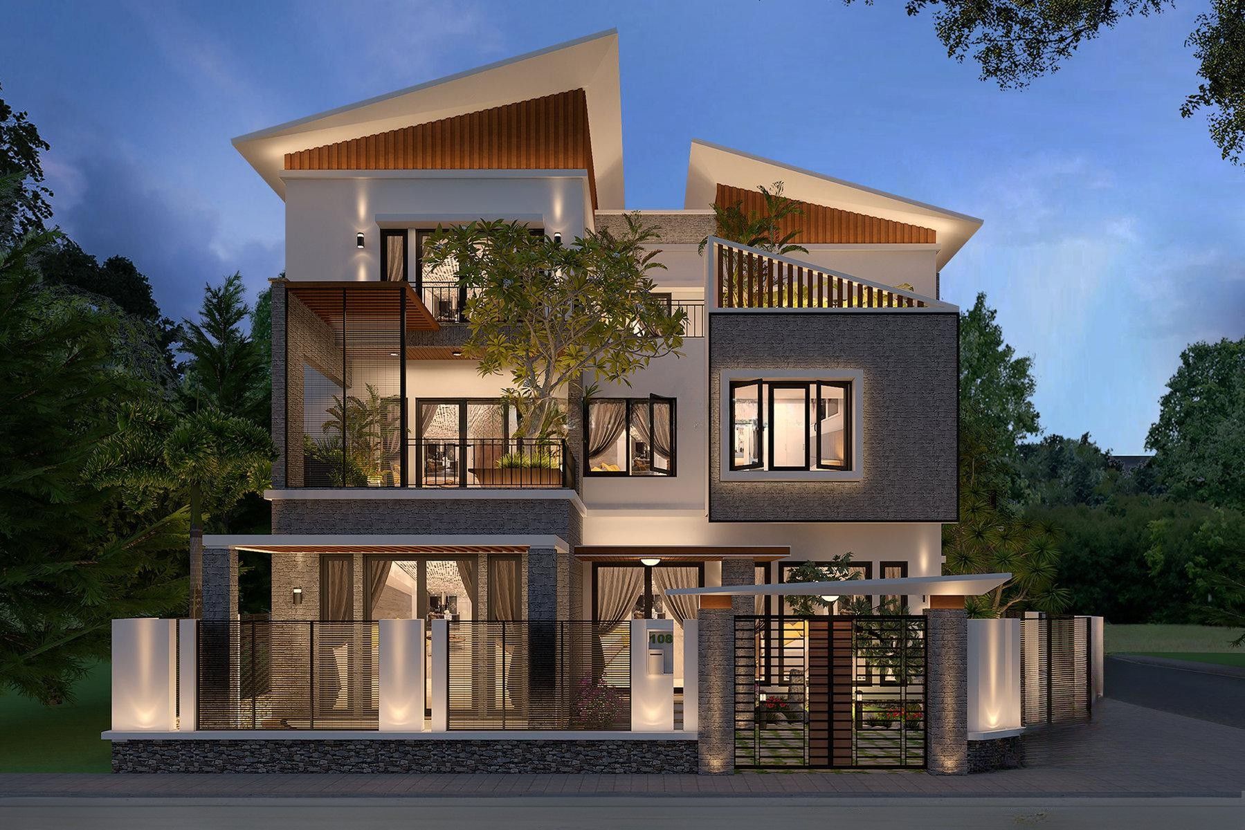 Biệt thự 3 tầng hiện đại 120m2 mái Lệch (Nguồn ảnh: Sưu tầm).