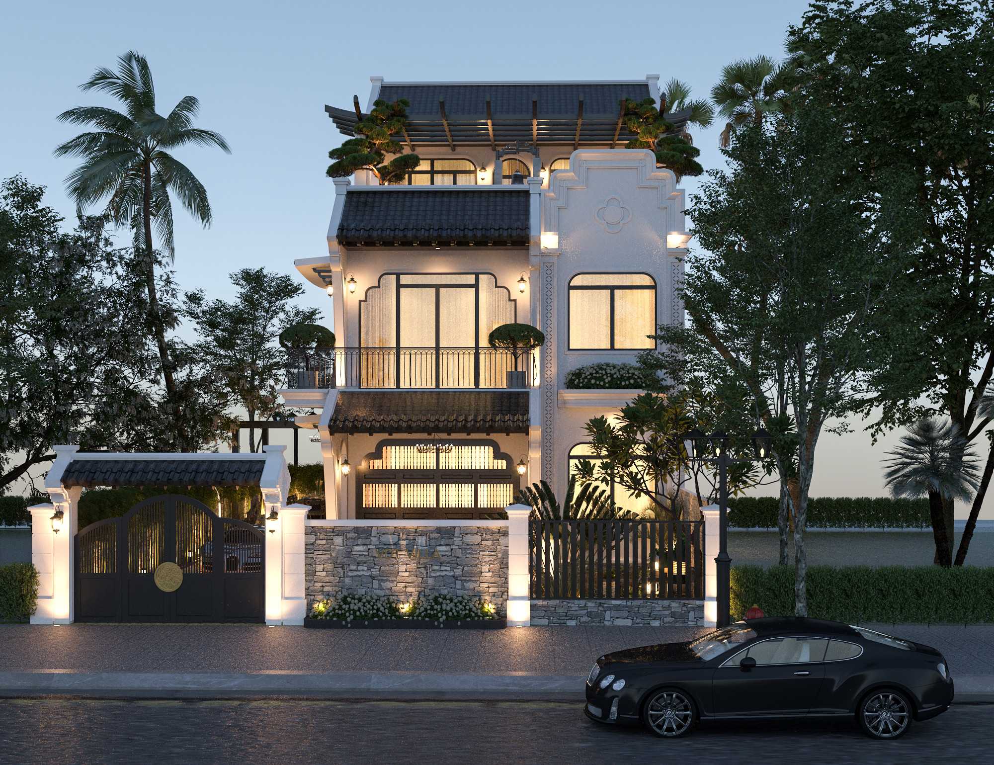 Mẫu nhà biệt thự 3 tầng 100m2 phong cách Indochine (Nguồn ảnh: Sưu tầm).