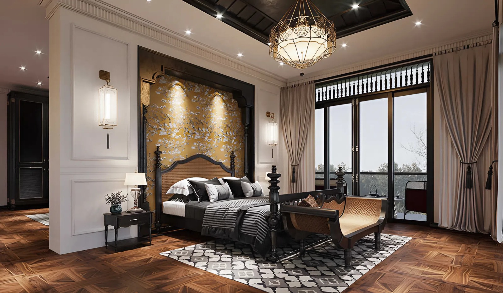 Thiết kế phòng ngủ tích hợp ban công phong cách Indochine (Nguồn ảnh: Sưu tầm).