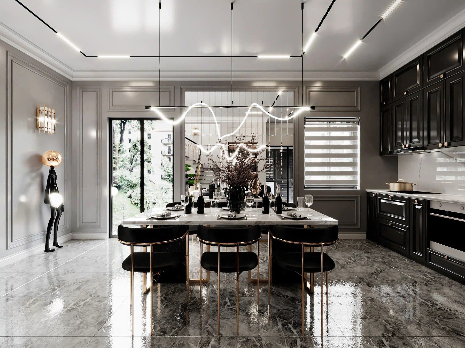 Gia chủ không nên bố trí 1 hệ đèn đơn điệu trong quá trình thiết kế phòng bếp biệt thự Luxury (Nguồn ảnh: Sưu tầm). 