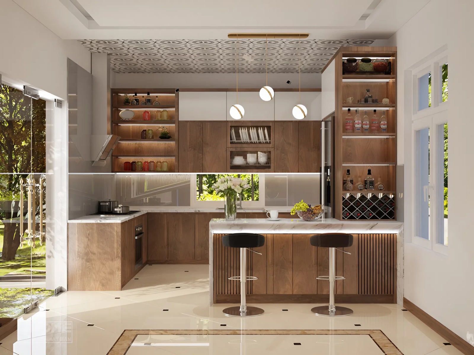 Mẫu phòng bếp hình chữ U có tích hợp quầy bar đẳng cấp (Nguồn ảnh: Sưu tầm).