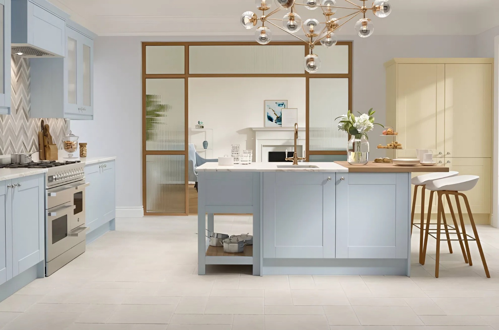 Bảng màu pastel kinh điển kết hợp cùng các gam màu trầm ấm được ưu tiên sử dụng trong phòng bếp vintage (Nguồn ảnh: Sưu tầm). 