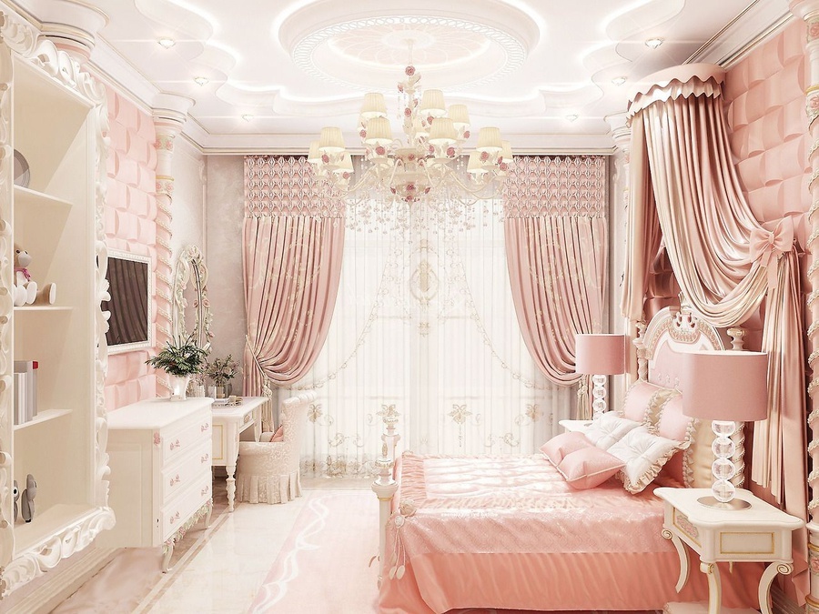 Phòng ngủ hoàng gia màu hồng pastel cho các công chúa nhỏ. (Nguồn ảnh: Sưu tầm).