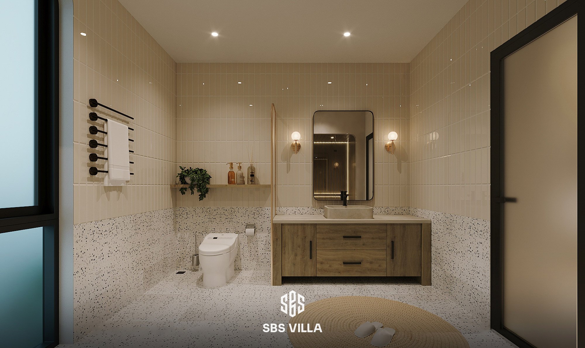 Mẫu phòng tắm phong cách Địa Trung Hải hiện đại sử dụng gạch mosaic mang tone màu be tạo điểm nhấn nhẹ nhàng cho không gian. 