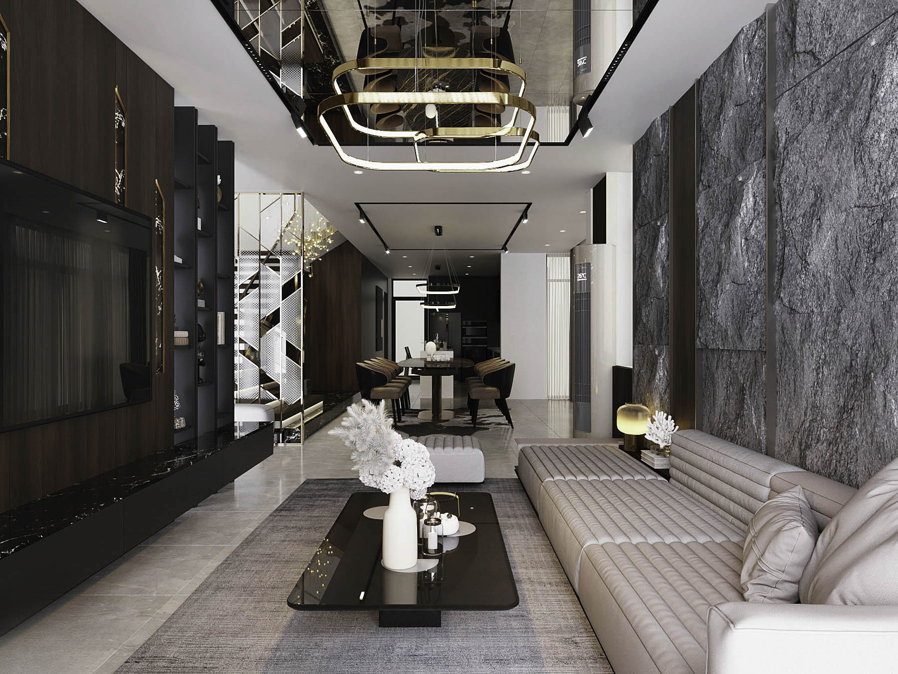 Phong cách Contemporary tạo điểm nhấn bằng cách sử dụng vật liệu kim loại để định hình hạng mục trần (Nguồn ảnh: Sưu tầm).
