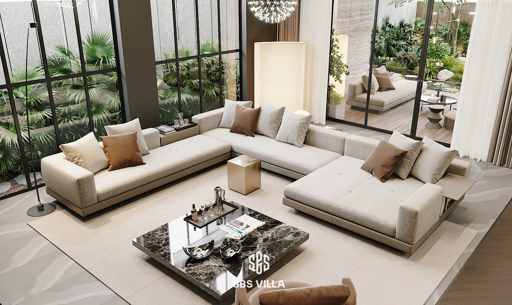 Mẫu sofa phòng khách hiện đại chữ U bao gồm bao gồm 1 ghế dài chính và 2 ghế văng dài bố trí đối xứng 2 bên.