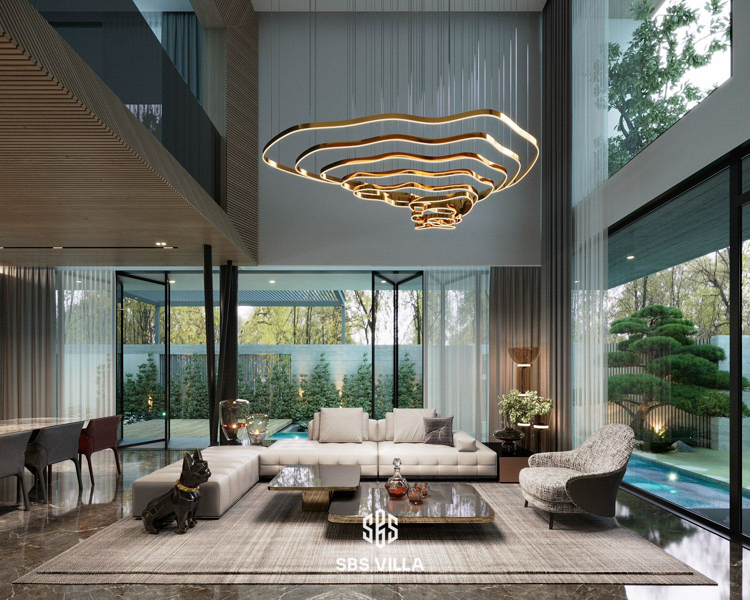 Mẫu phòng khách mang phong cách hiện đại - Thiết kế phòng khách nổi bật với lối kiến trúc thông tầng, kết hợp cùng hệ thống vách kính lớn tạo nên cảm giác không gian khoáng đạt và vô cùng thoải mái