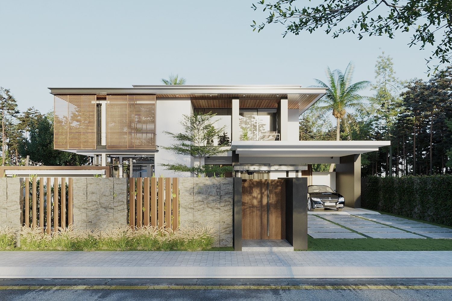 Mẫu biệt thự 2 tầng có bể bơi bên hông căn nhà nổi bật với lối kiến trúc bề thế. Chất liệu gỗ tự nhiên cao cấp đan xen cùng khối vật liệu vững chắc tạo nên không gian sống hiện đại và đẳng cấp