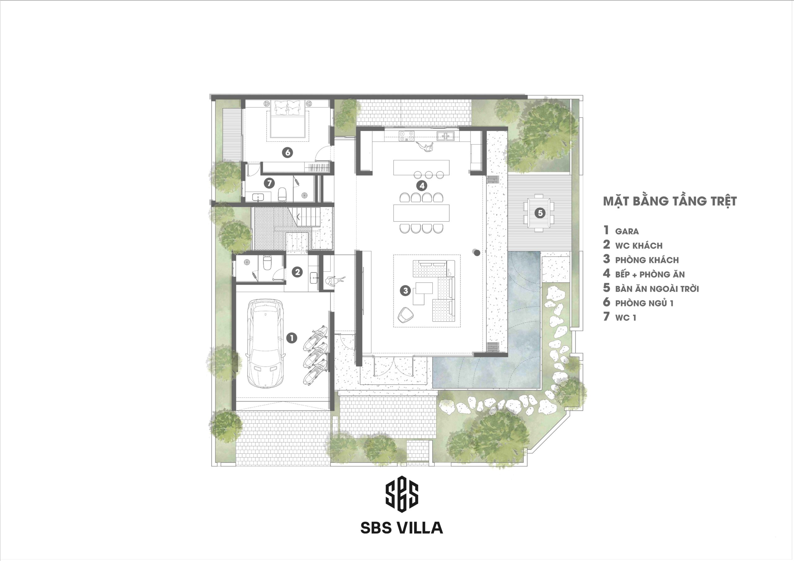 Công năng chi tiết ở tầng 1 biệt thự đẹp 3 tầng hiện đại mái bằng B’s Villa