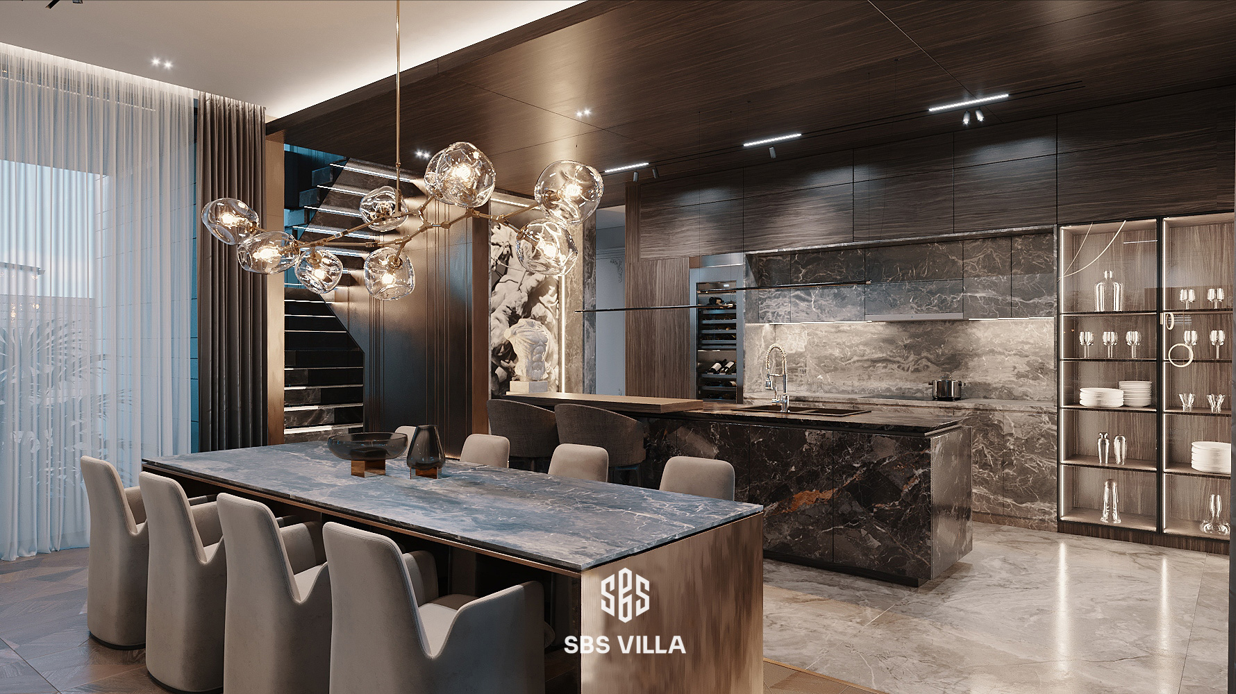 phòng bếp đẹp hiện đại sử dụng chất liệu cao cấp như đá marble, thủy tính, da,... kiến tạo nên tổng thể không gian 