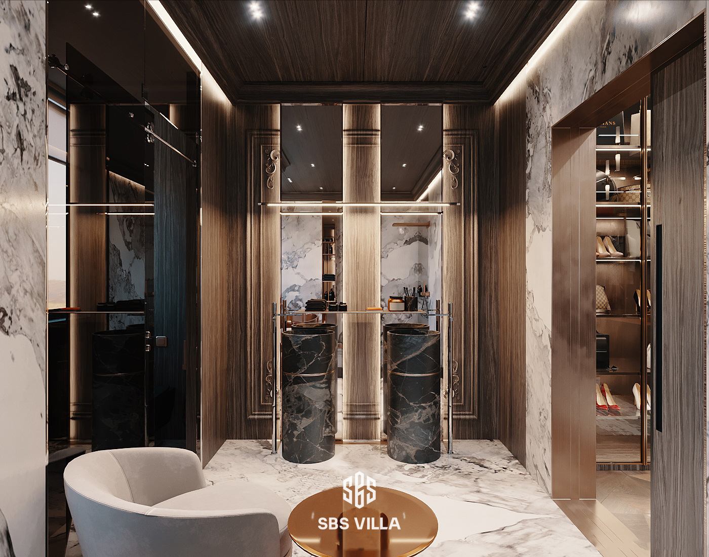 phòng tắm phong cách luxury nổi bật với nội thẩt cao cấp và họa tiết, hoa văn tinh tế