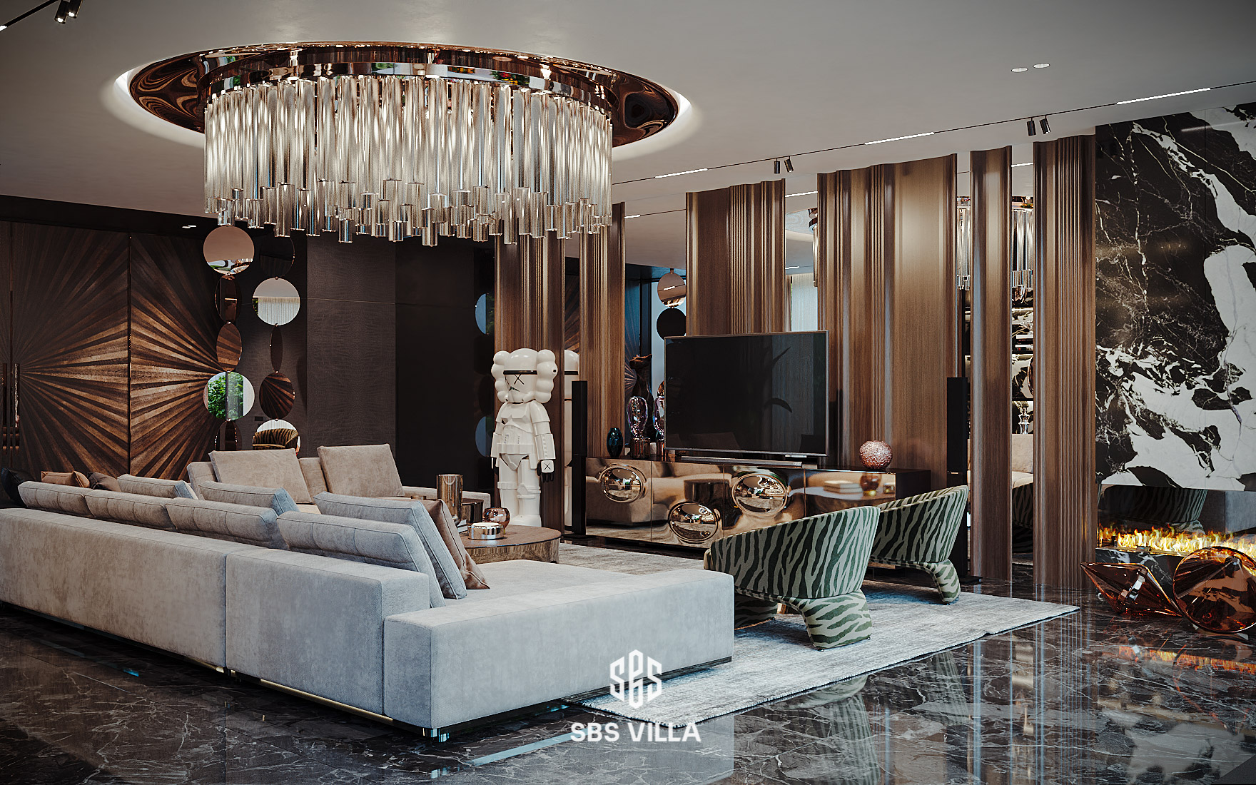 Mẫu phòng khách Luxury sử dụng các mô hình Bearbrick và hệ thống đèn thả trần làm điểm nhấn