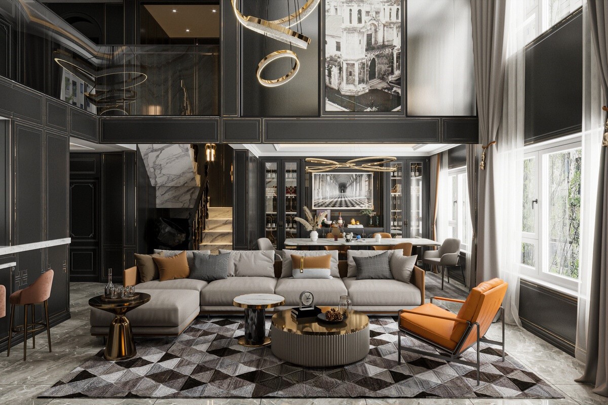 Phòng khách Luxury tạo điểm nhấn cùng gam màu tối và các chi tiết mạ vàng cao cấp