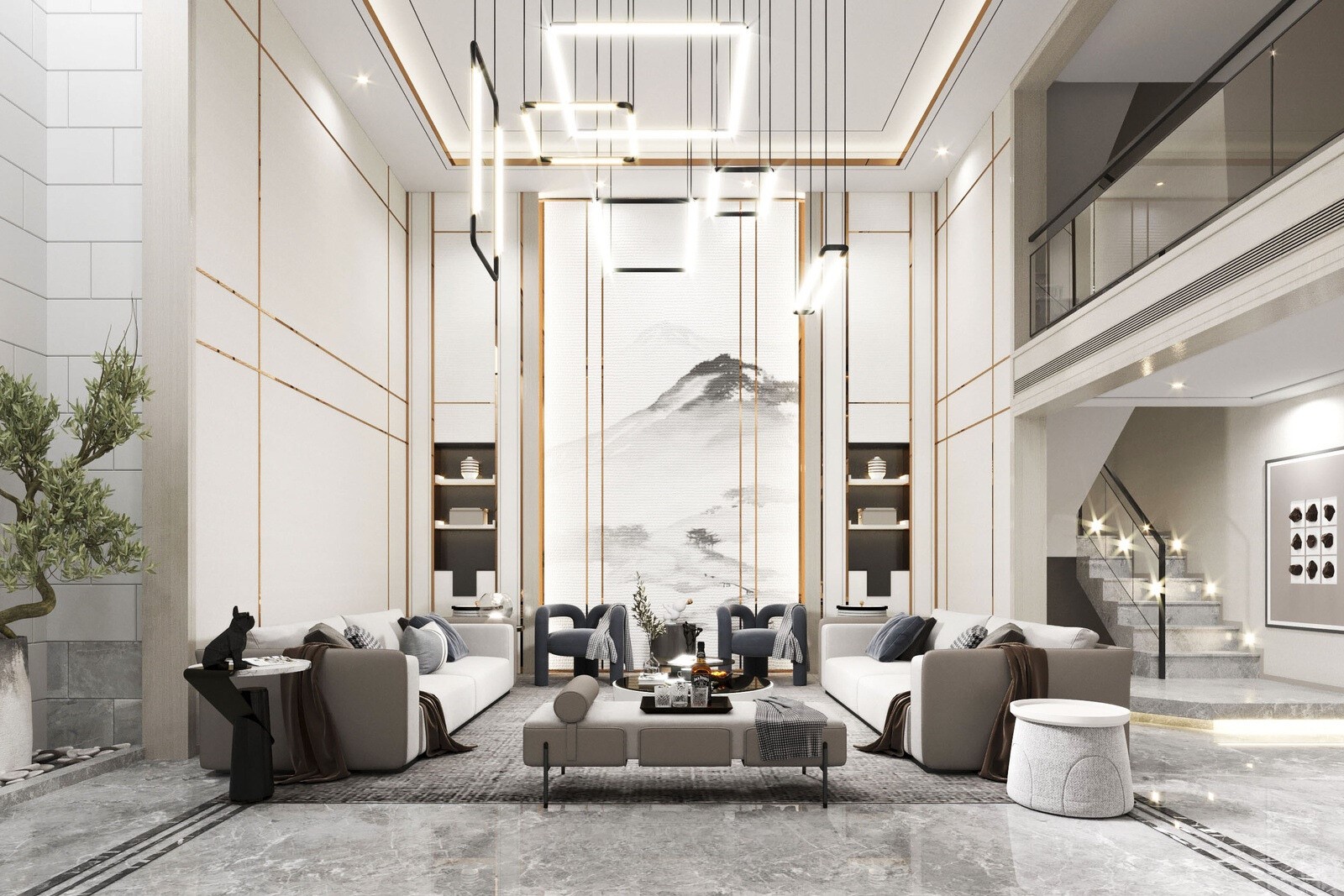 phòng khách mang hơi thở Luxury nổi bật cùng các chi tiết kẻ phào mạ vàng ấn tượng