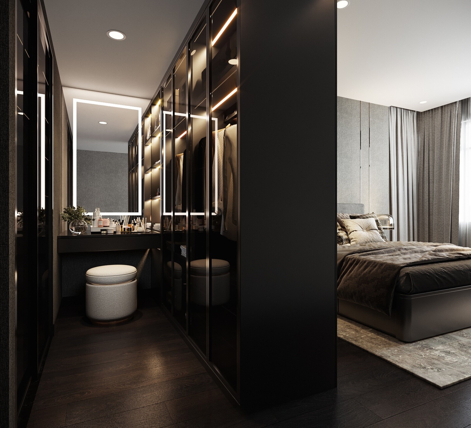Phòng thay đồ biệt thự tích hợp trong không gian phòng ngủ hiện đại