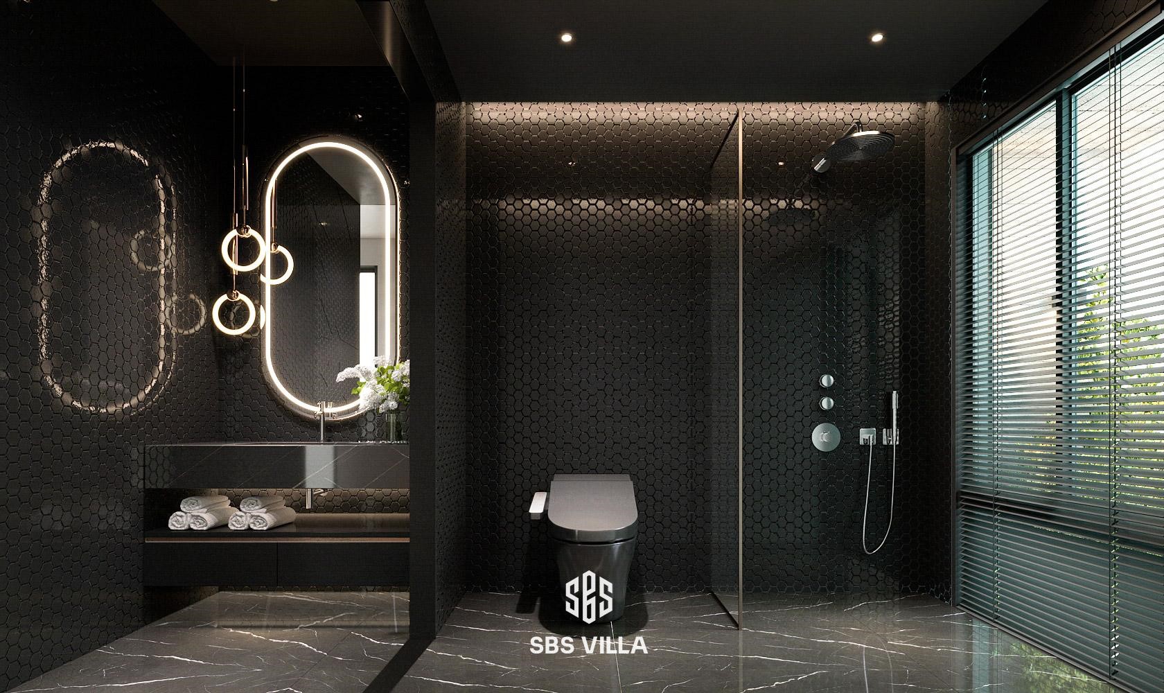 Khu vực phòng tắm nổi bật với hệ thống tiện ích đẳng cấp. Từ chi tiết bồn vệ sinh tự động, gương cảm ứng cho đến hệ thống vòi sen đều góp phần tôn lên sự tiện nghi và sang trọng của không gian sống